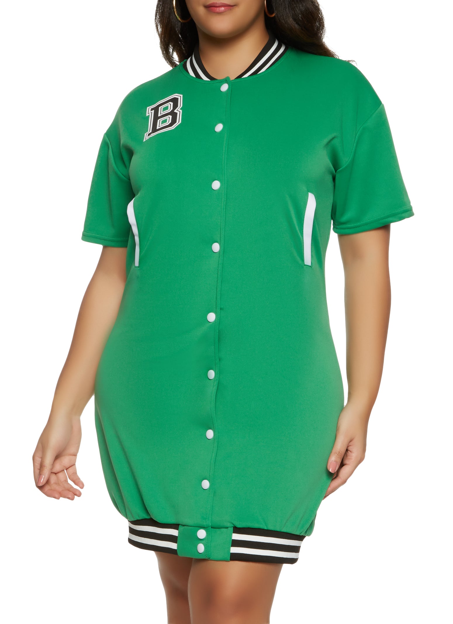 Button Front Baseball Jersey Dress - Kelly Green