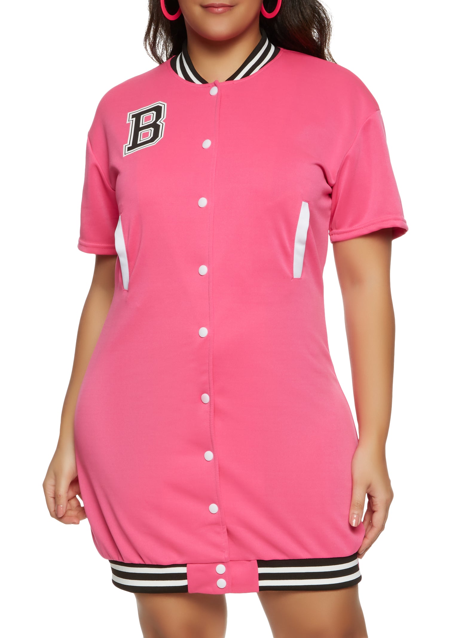 Womens Plus Size Button Front Baseball Jersey Dress, Fuchsia, Size 1x | Rainbow Shops