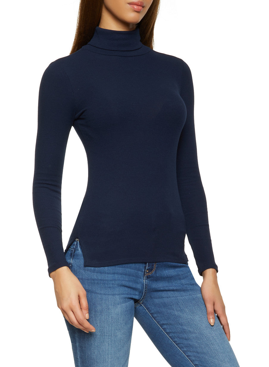 Rib Knit Turtleneck Top - Navy