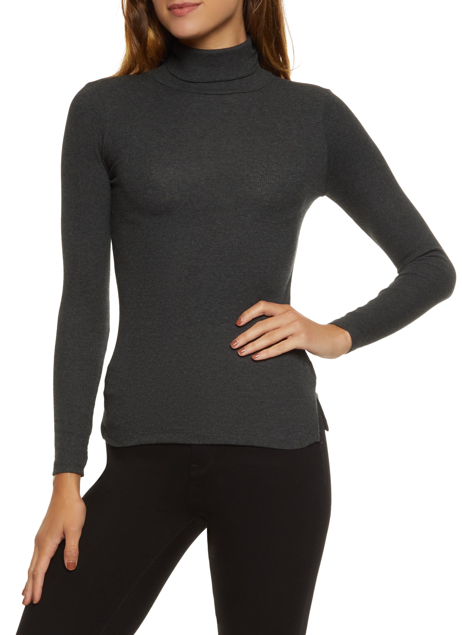 Long Sleeve Rib Knit Turtleneck Top - Charcoal