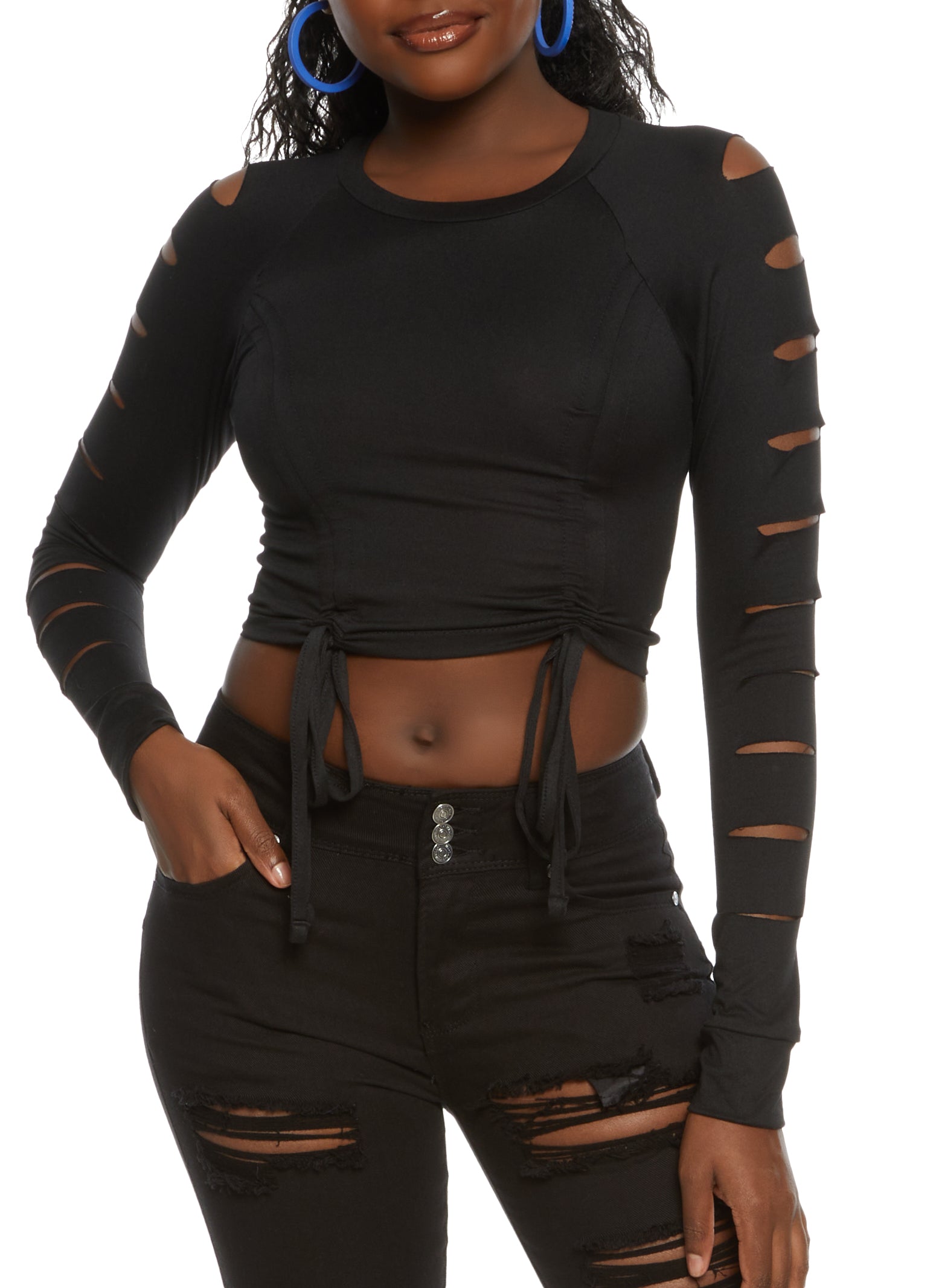 Laser Cut Sleeve Ruched Front Crop Top