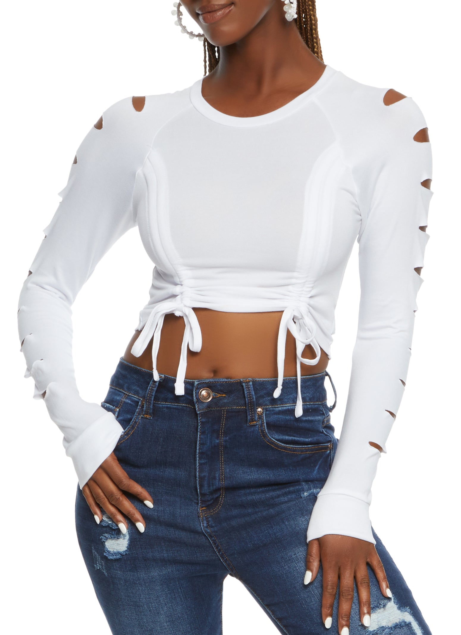 Laser Cut Sleeve Ruched Front Crop Top - White