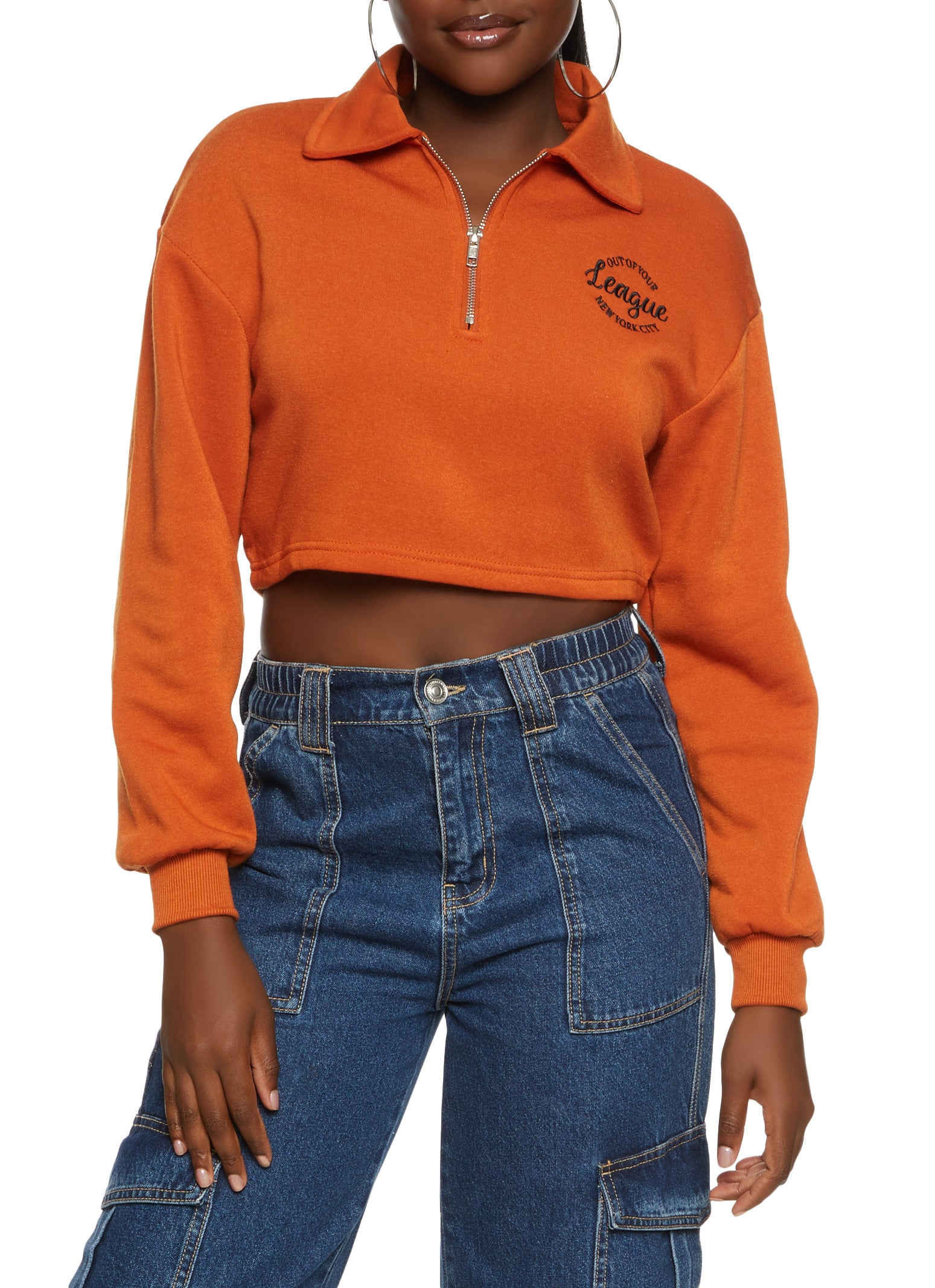 Out of Your League Embroidered Half Zip Cropped Sweatshirt