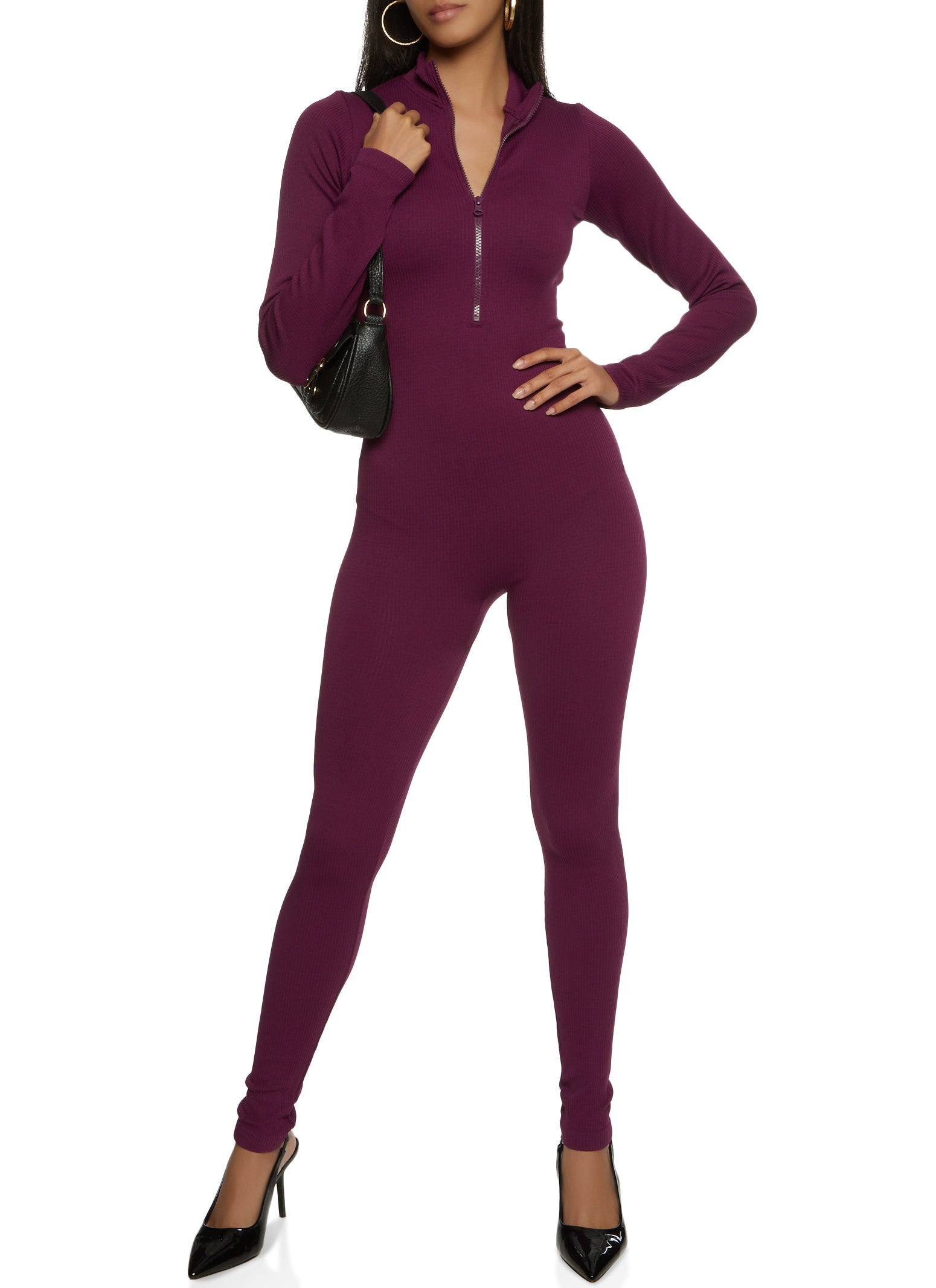 Half Zip Long Sleeve Catsuit - Purple