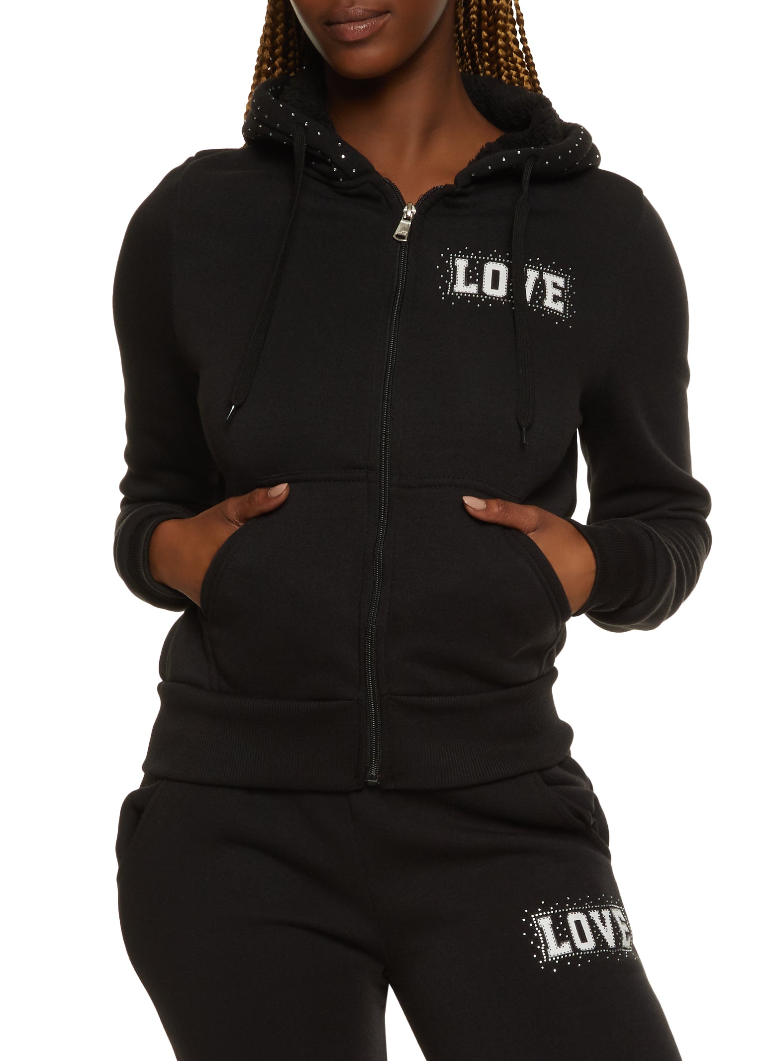 Love Rhinestone Faux Fur Lined Graphic Hoodie - Black