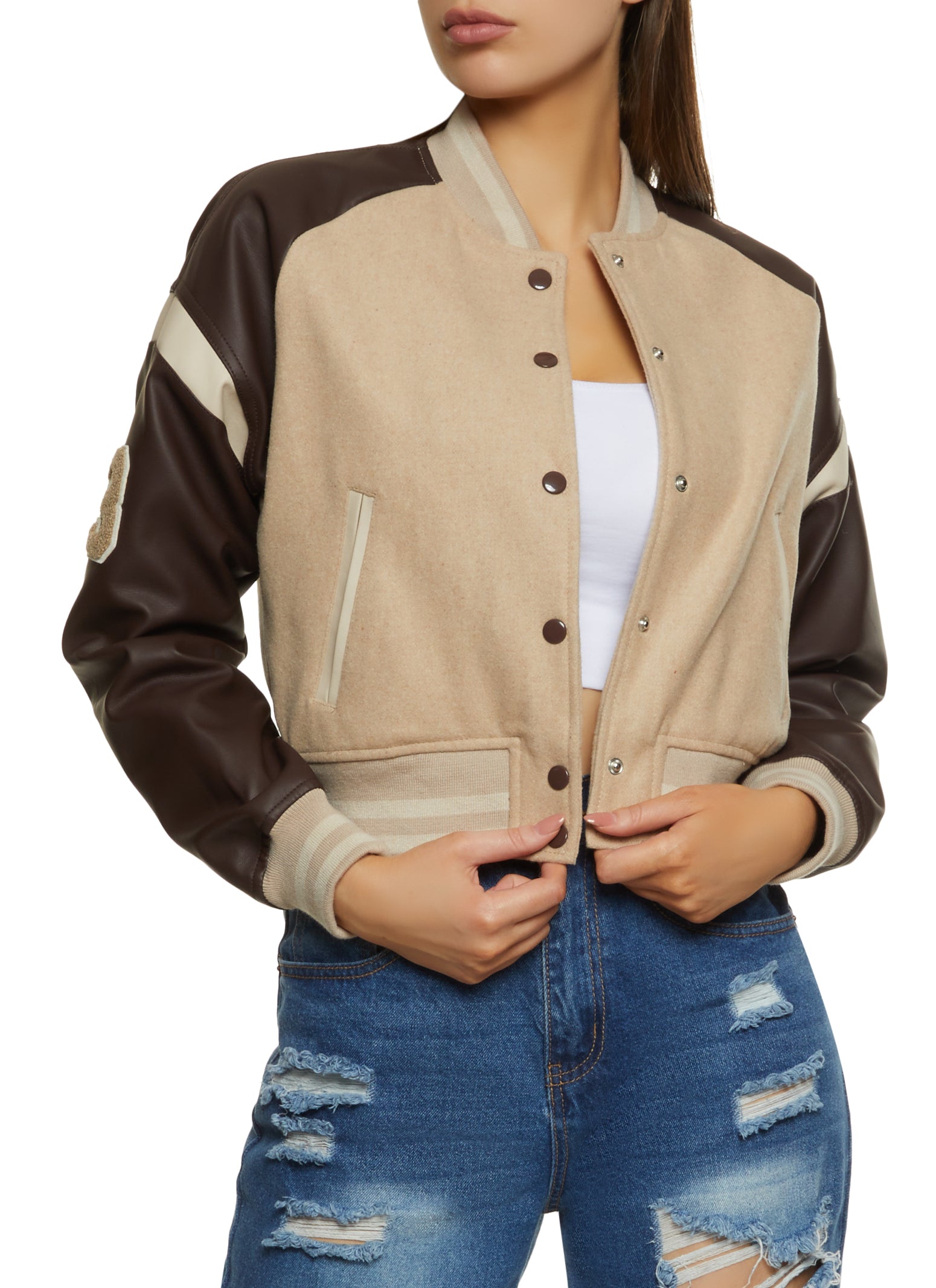 Faux Leather Sleeve Varsity Jacket - Taupe