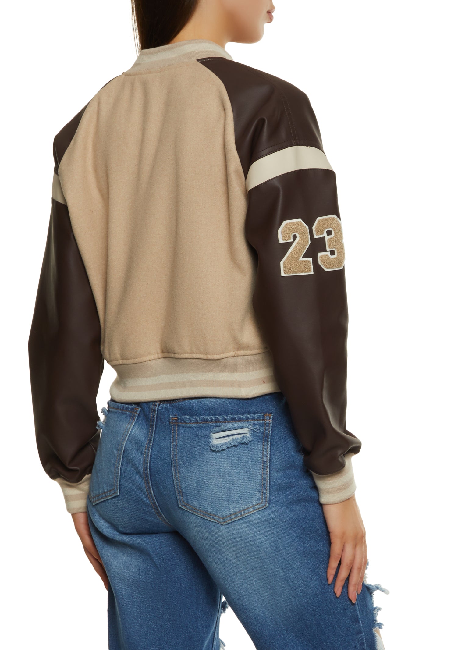 Men's Captain Rose Varsity Jacket with Faux Leather Sleeves in Brown Size Large by Fashion Nova