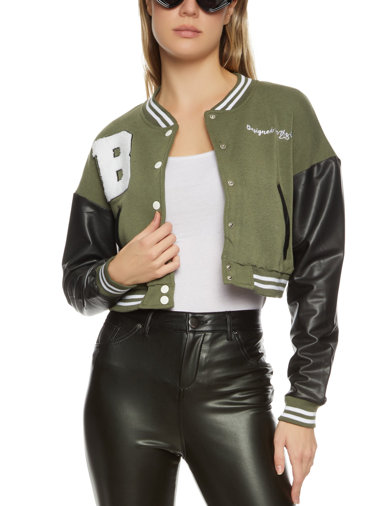 Olive Green Women Varsity Bomber Jacket