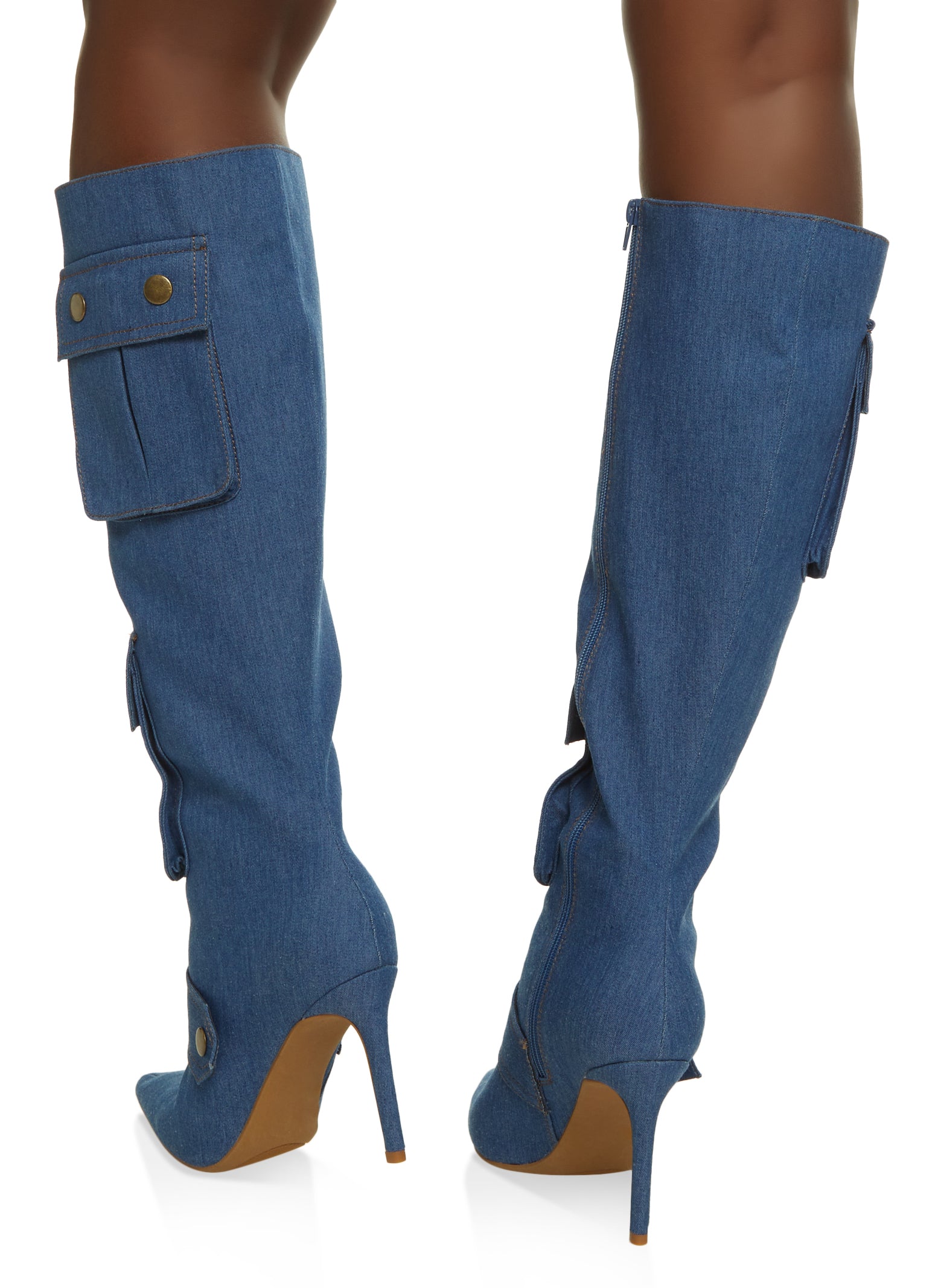 Women's Blue Denim Pointed Toe Thin High Heel Mid-calf Boots