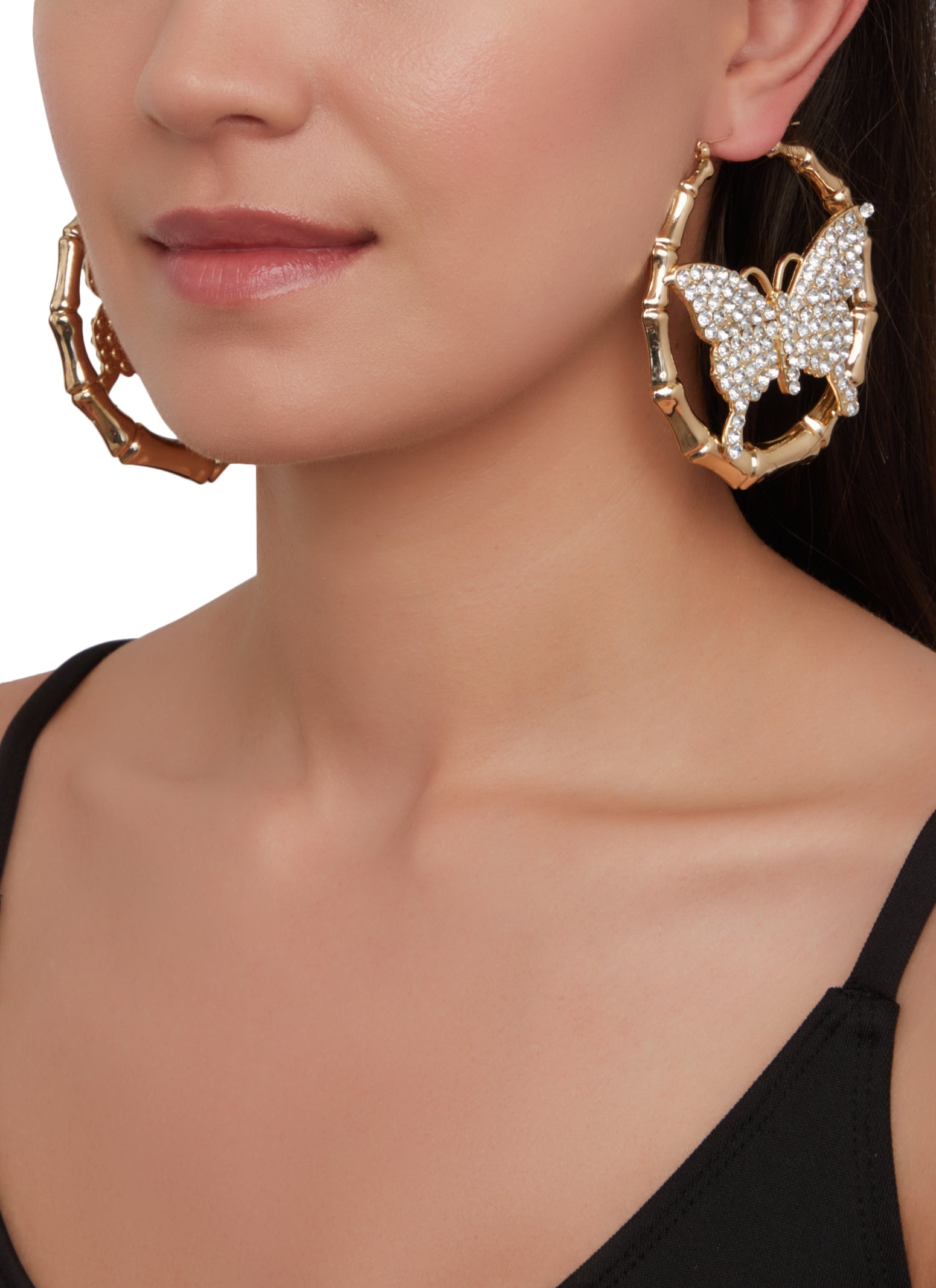 rhinestone butterfly lever-back hoop earrings