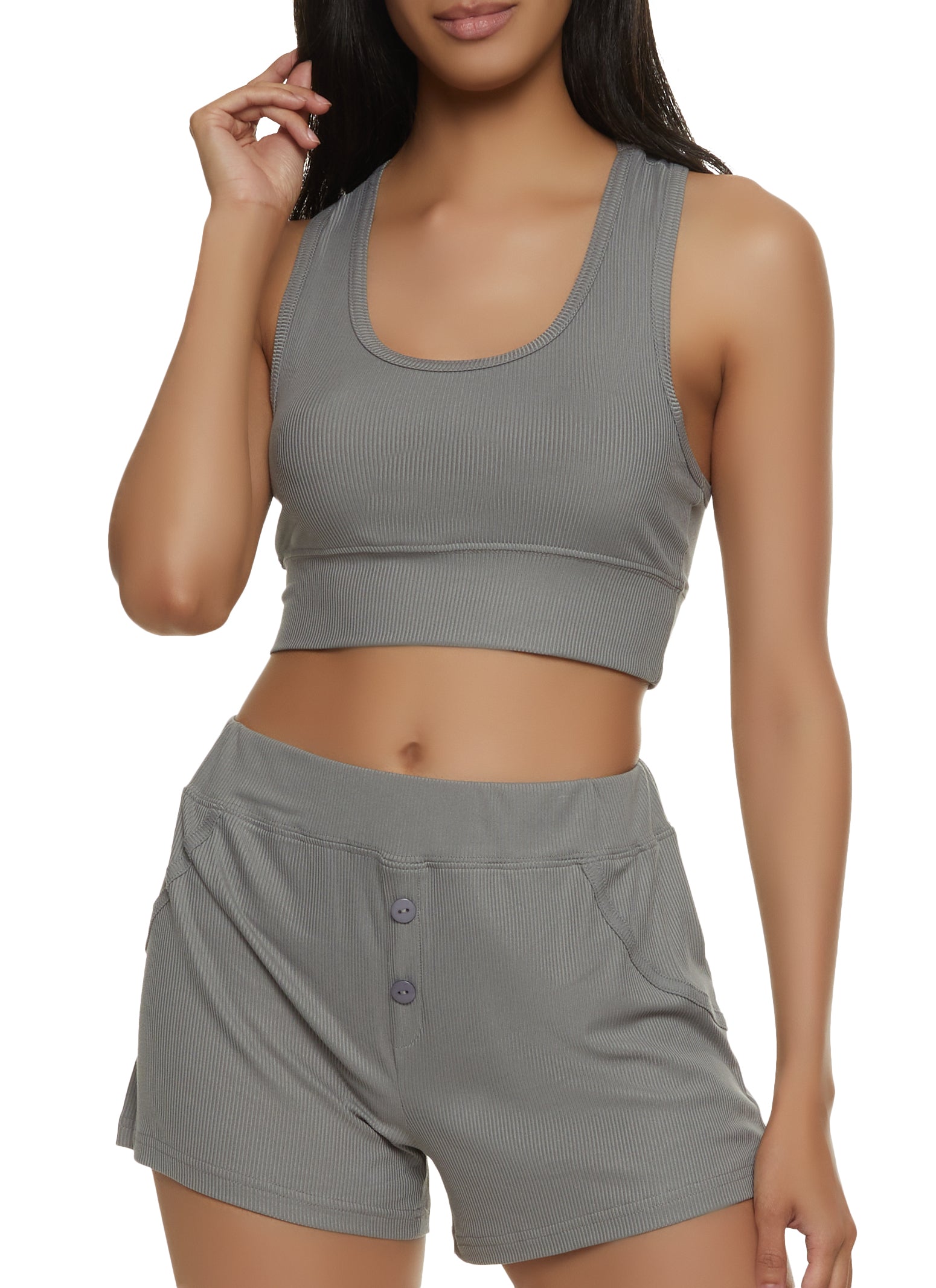 Racerback Cropped Tank Top and Shorts Set - Gray