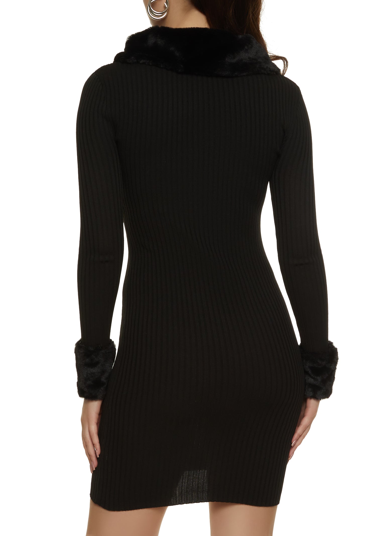 Faux Fur Trim Zip Front Sweater Dress - Black