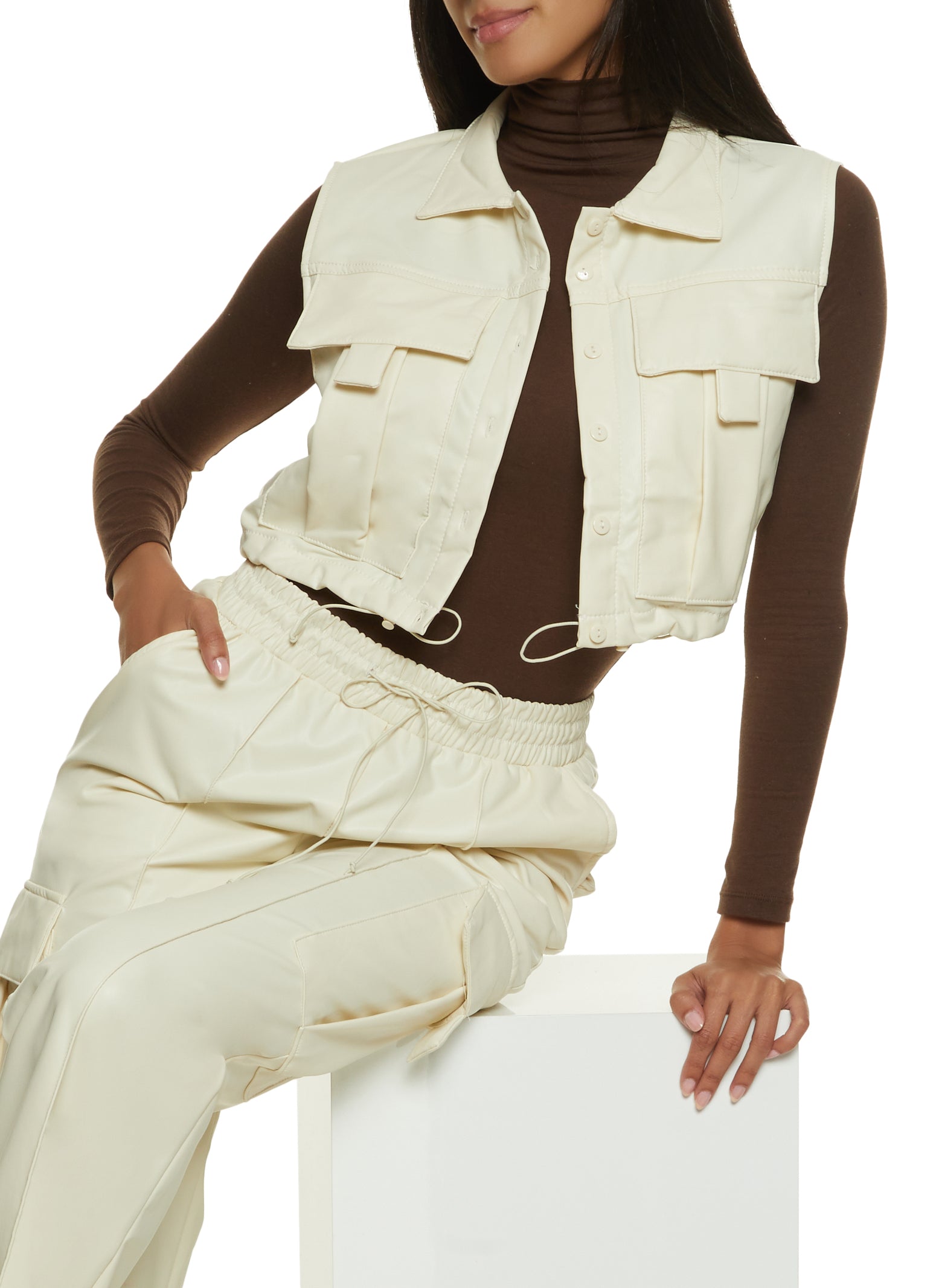 Faux Leather Button Front Cargo Cropped Vest - Ivory
