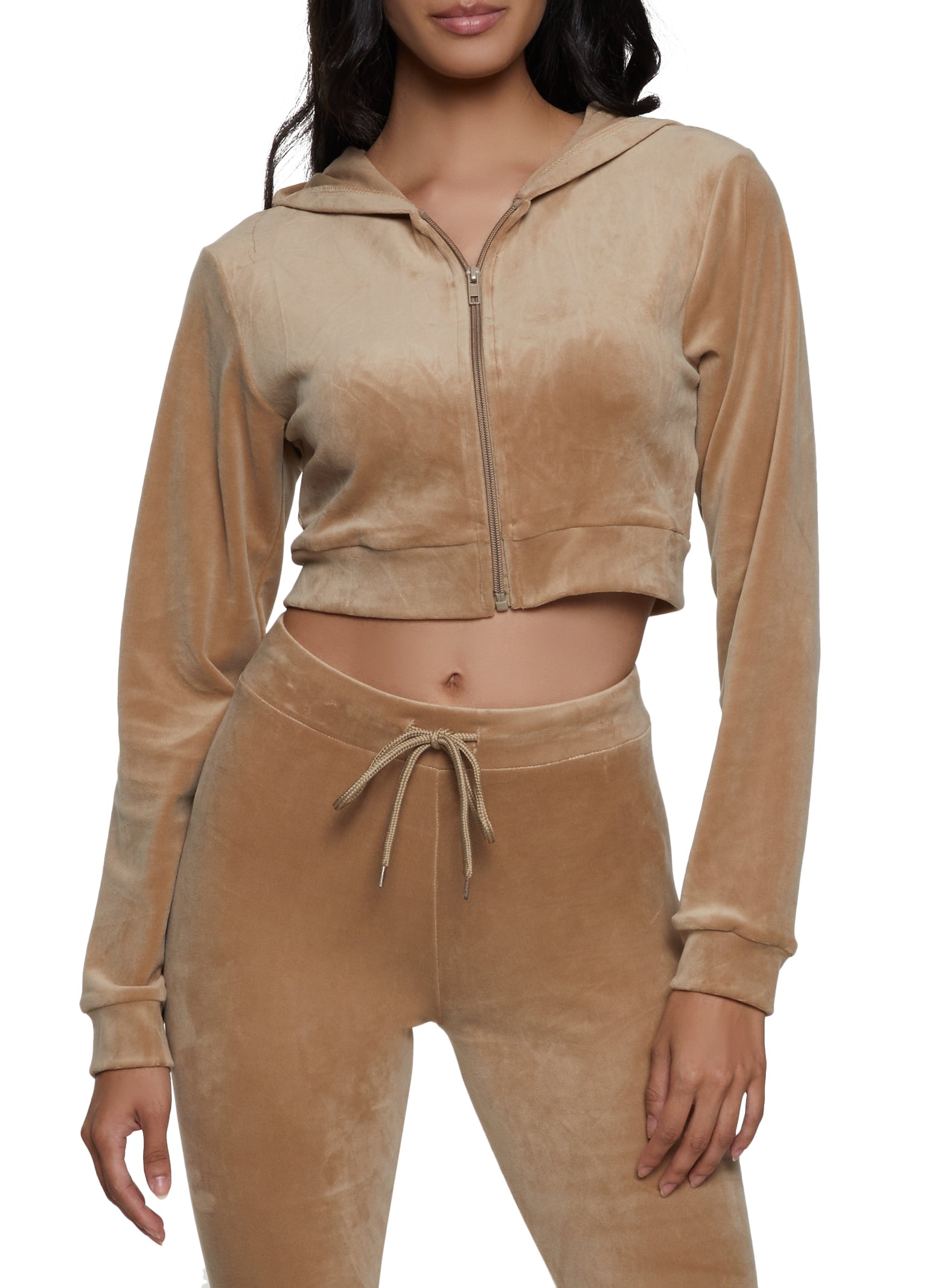 Velour zip-through hoodie - Beige - Ladies