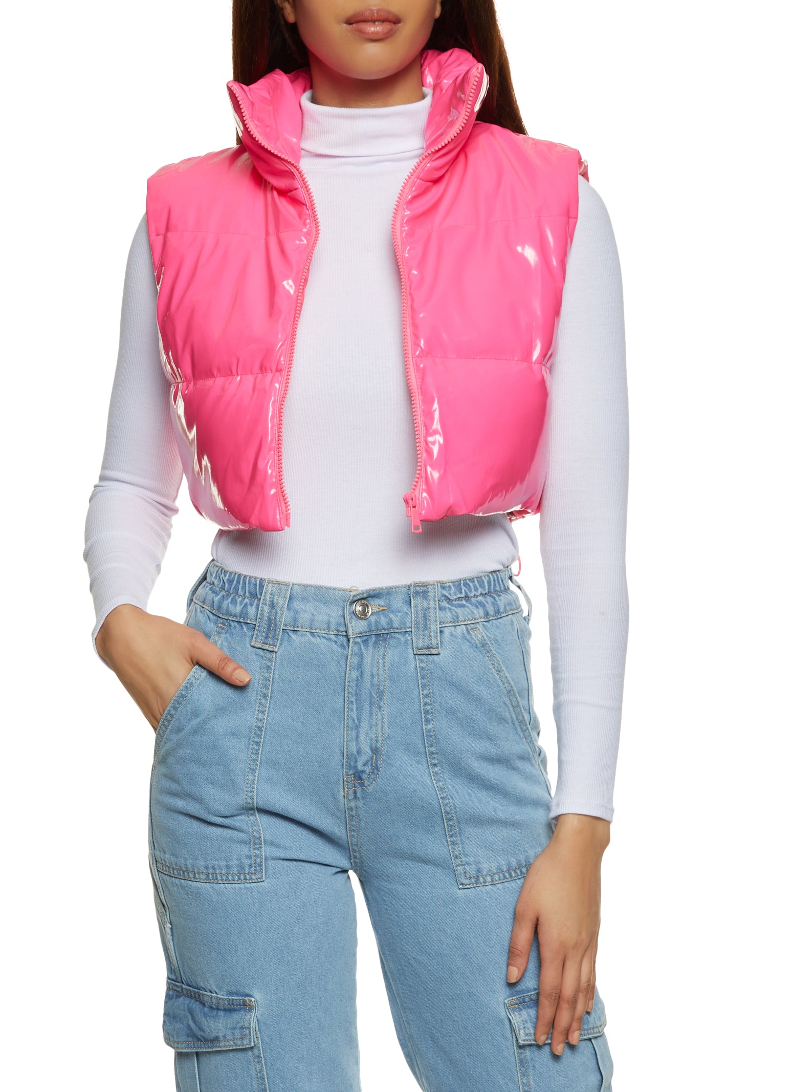 Arctic Chic Hooded Faux Leather Puffer Vest (Pink) – NanaMacs