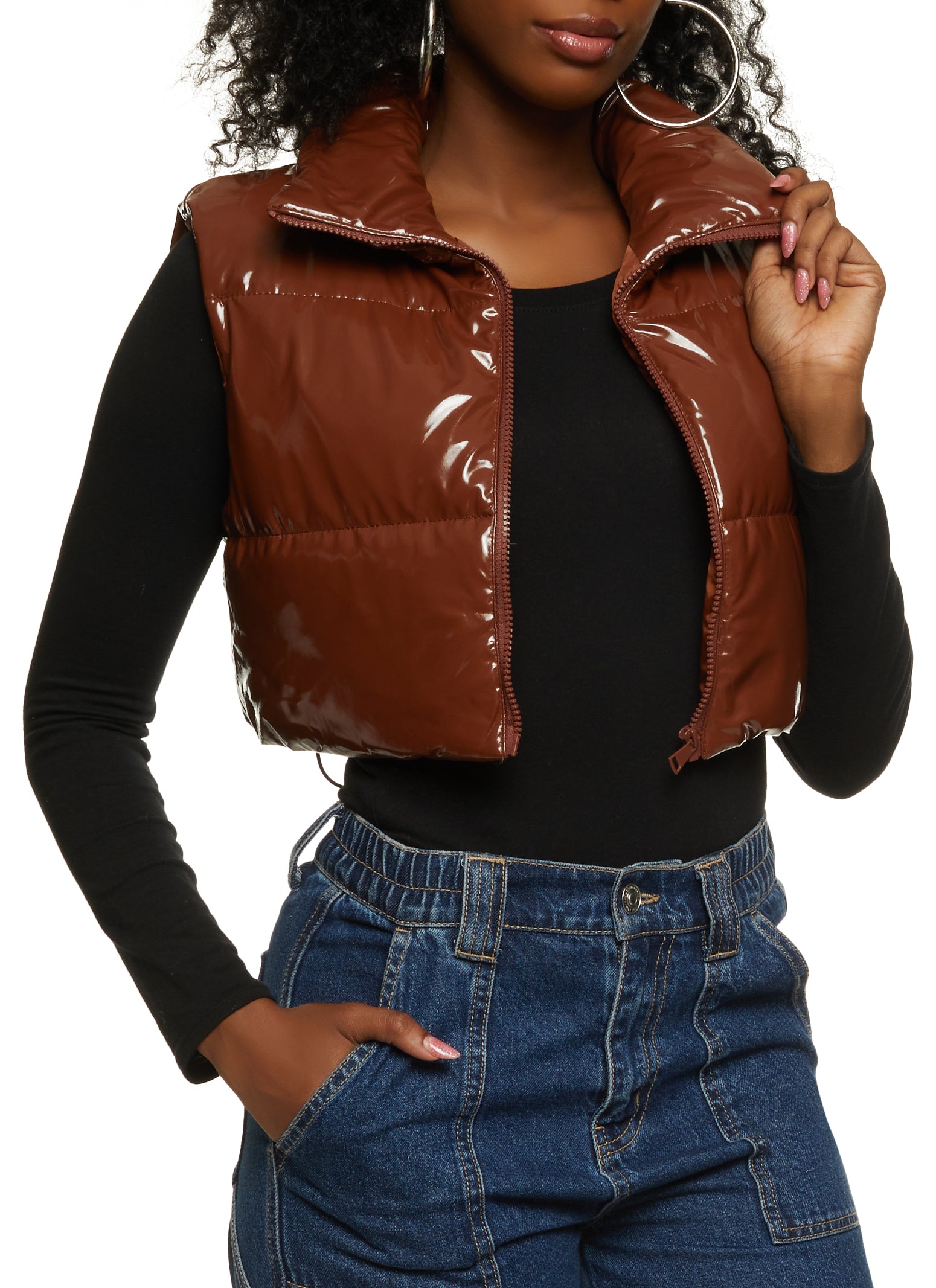 Faux Leather Cropped Puffer Vest