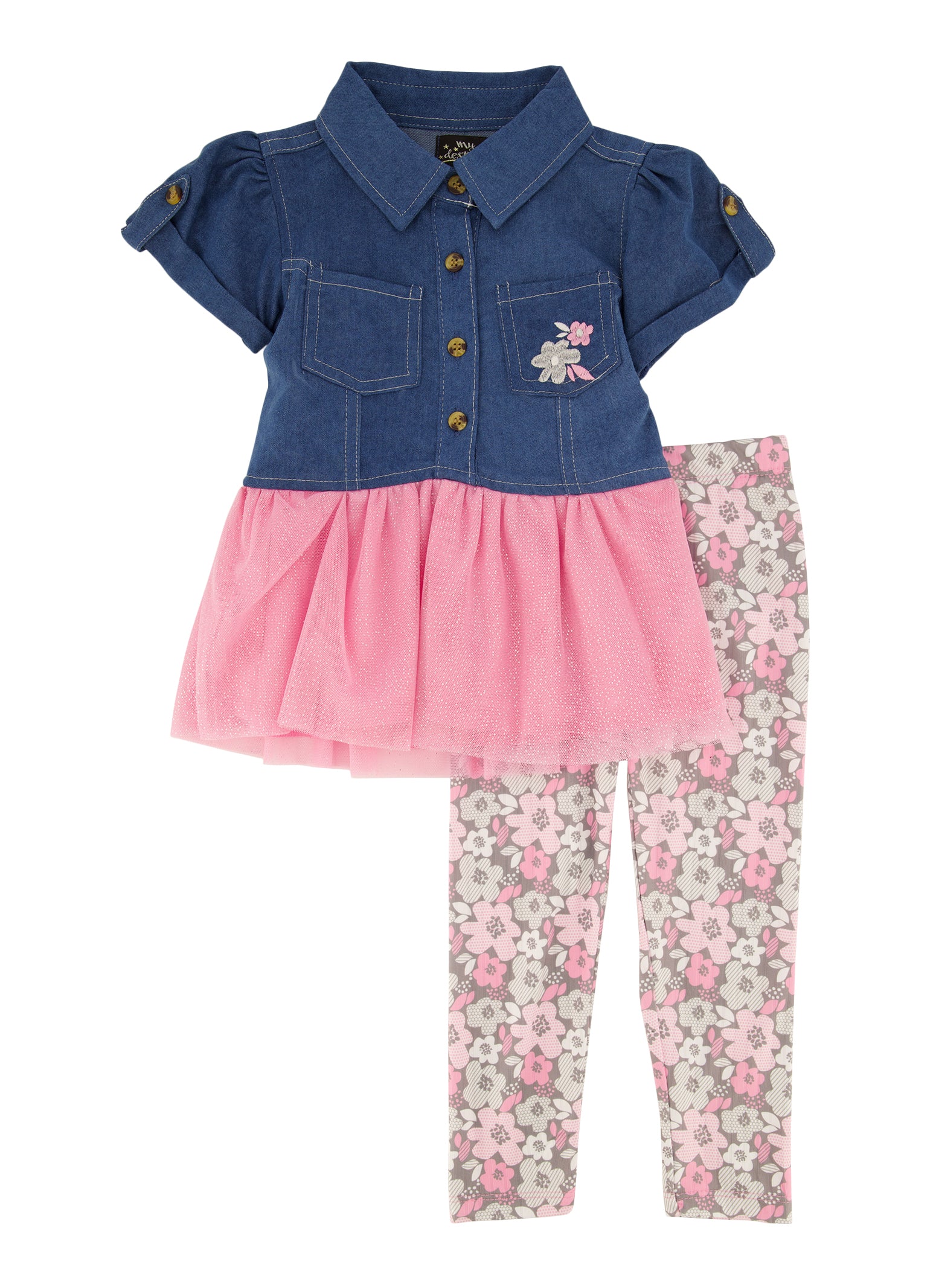 Toddler Girls Tulle Trim Denim Top and Floral Leggings