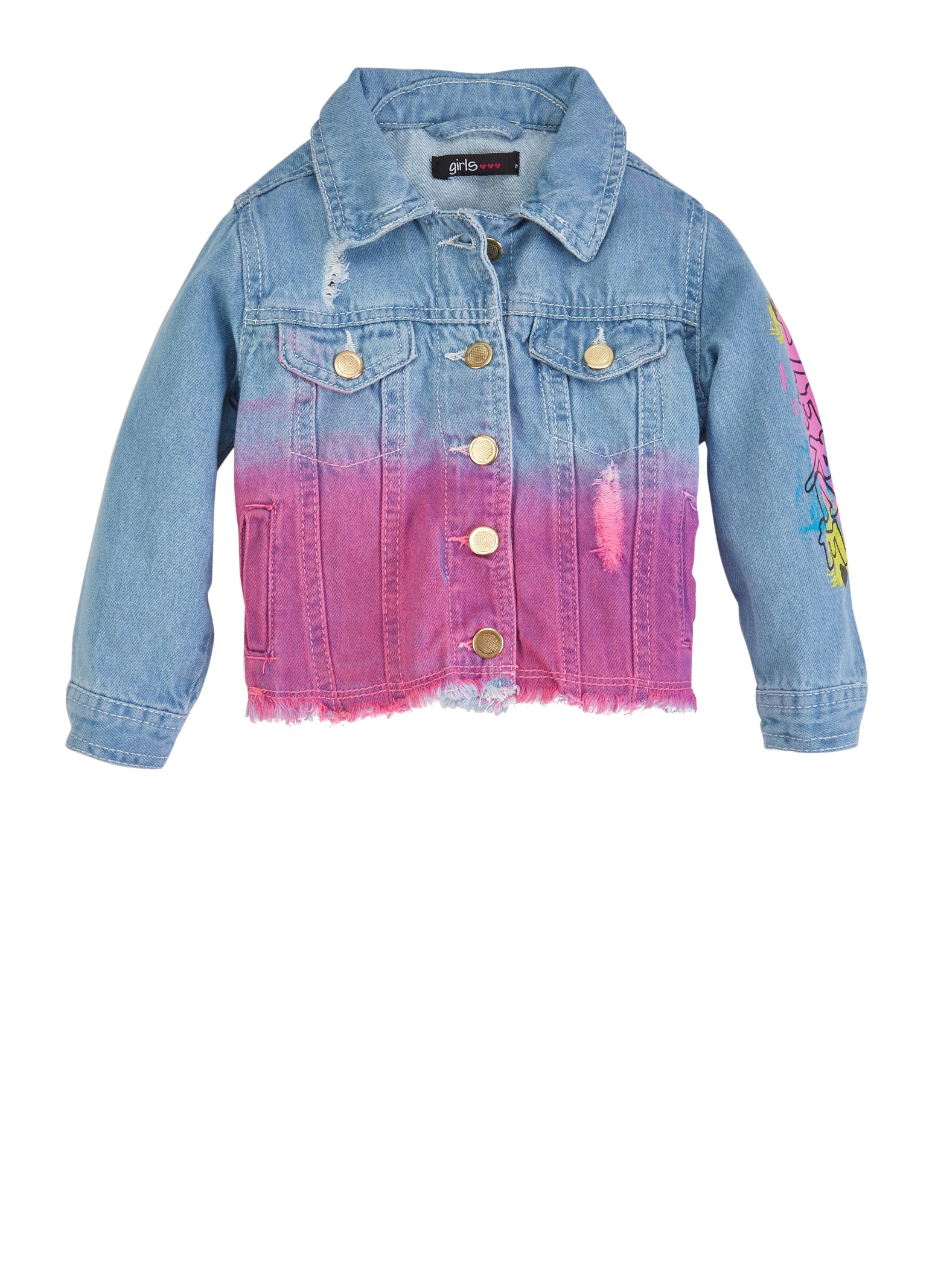 Girls Long Rainbow Ombre Sleeve Hooded Denim Jacket