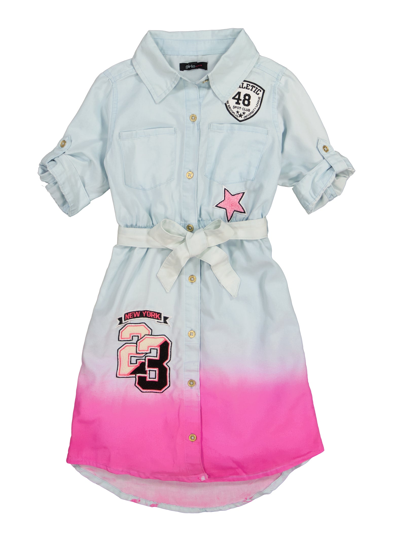 Girls Ombre New York Patch Denim Shirt Dress, Neon Pink, Size 7-8 | Rainbow Shops