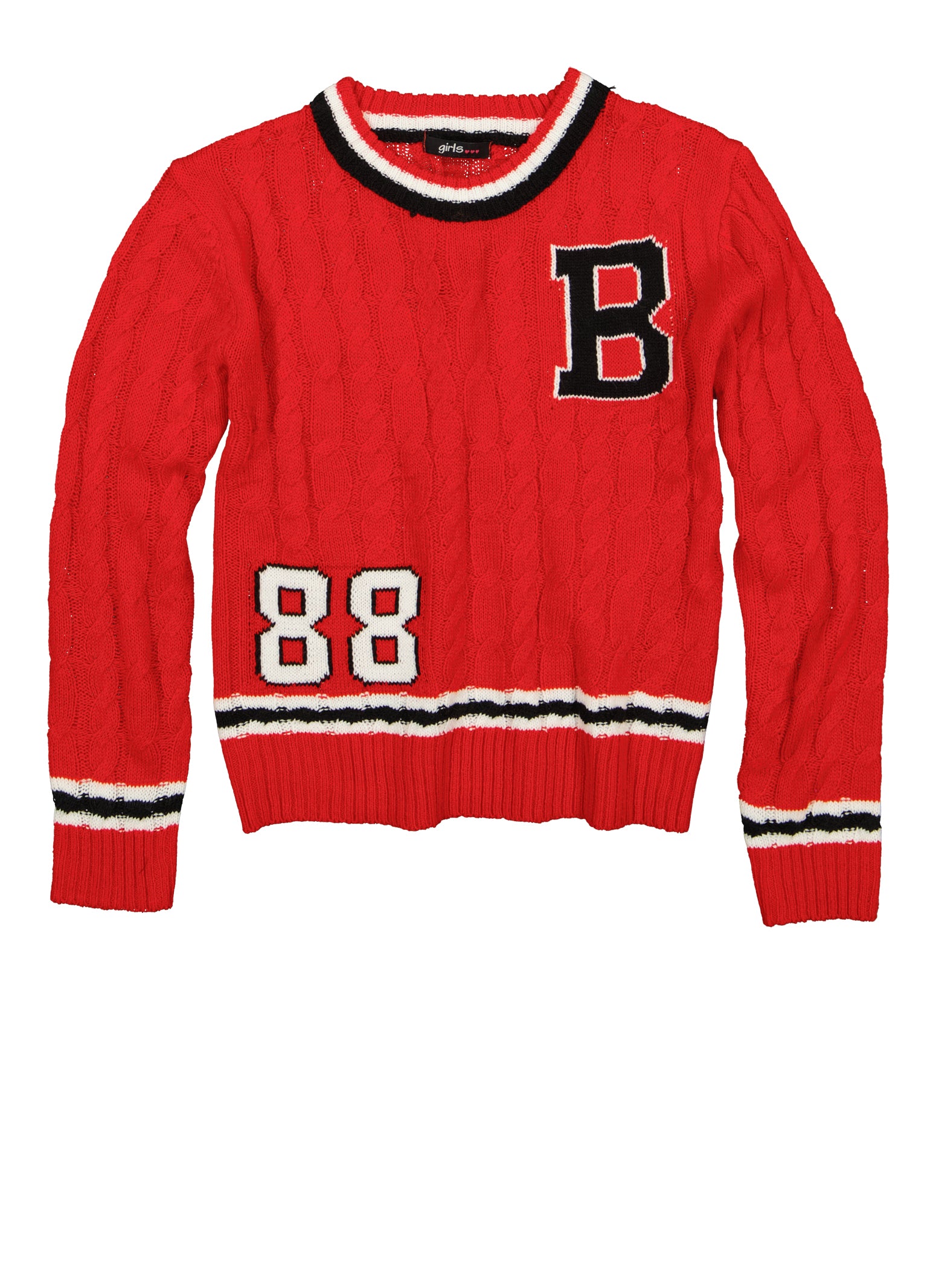 Girls Cable Knit Varsity Stripe Sweater - Red