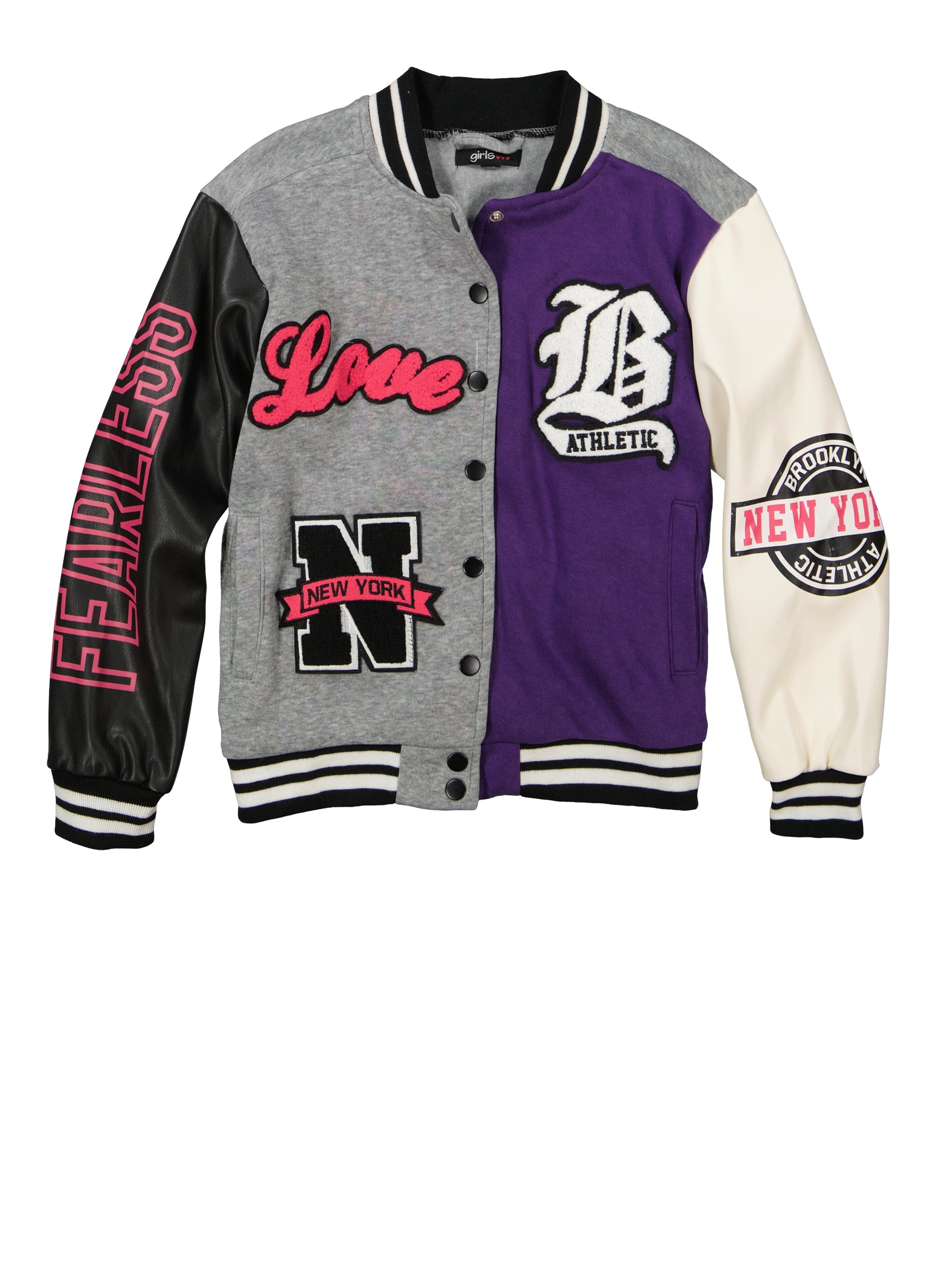 Purple Letterman Jacket with White Leather Sleeves