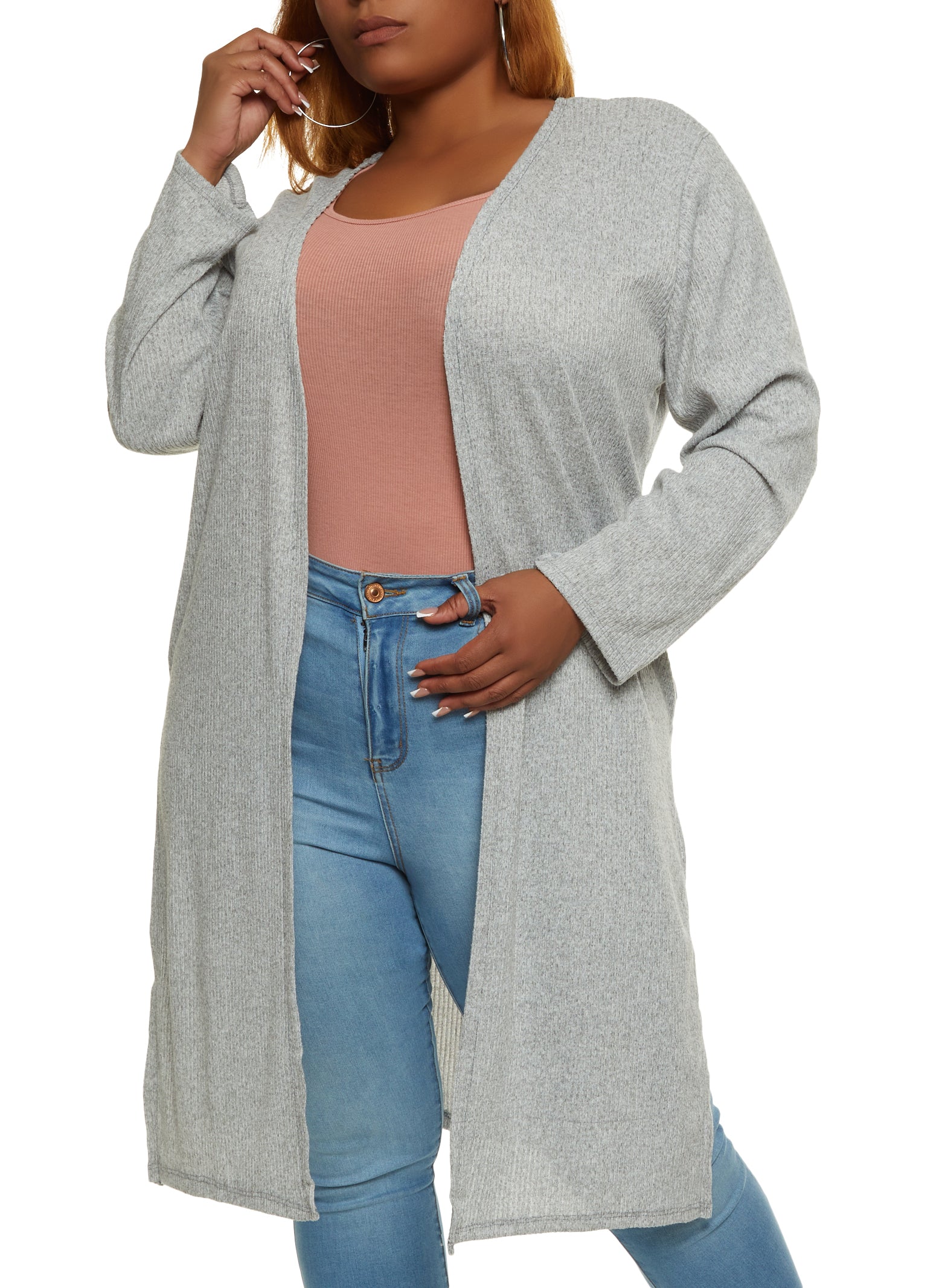 24/7 Comfort Apparel Knit Three Quarter Bell Sleeve Plus Size Open Cardigan Wine / 3X