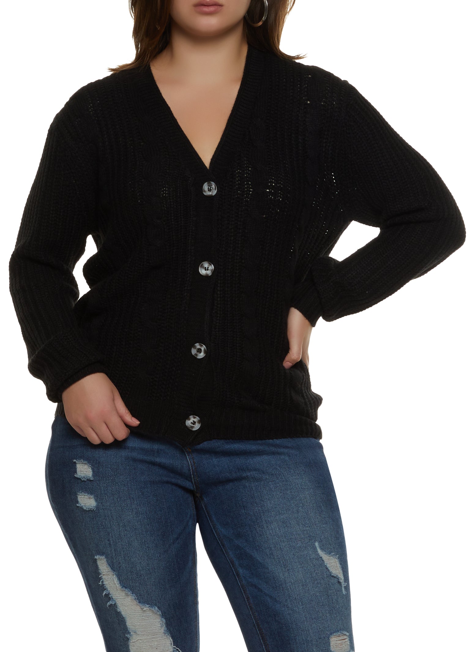 Plus Size Cable Knit Button Front Cardigan