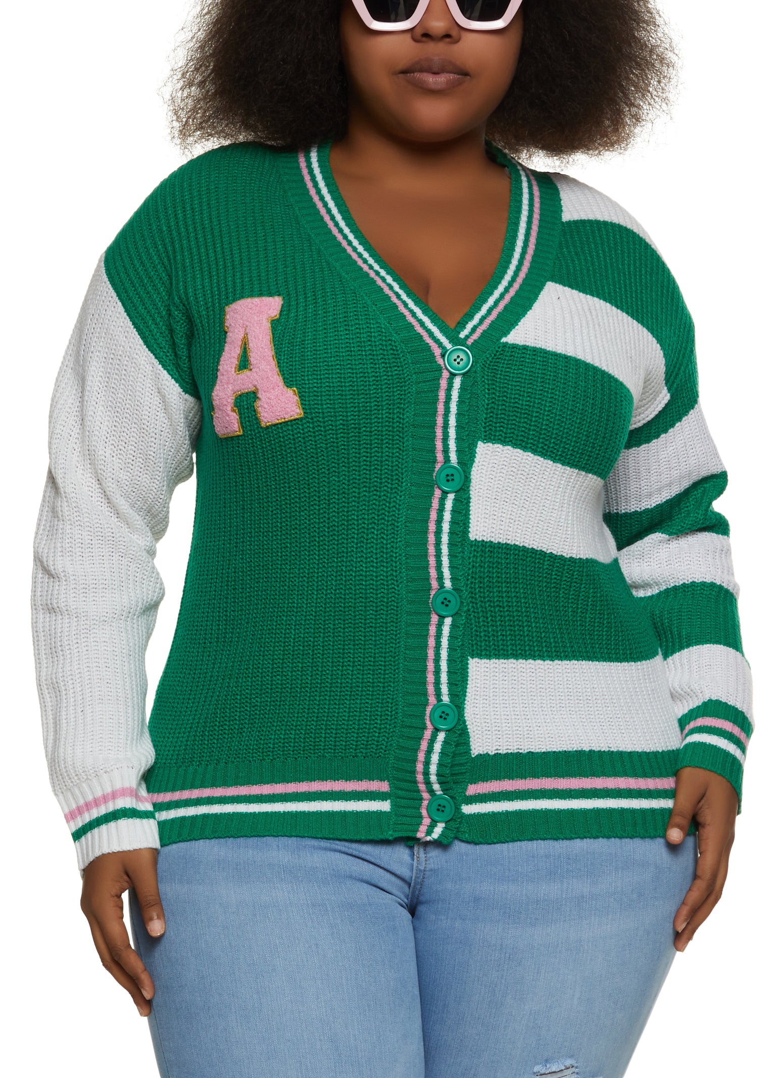 Plus Size A Initial Chenille Patch Color Block Cardigan - Green