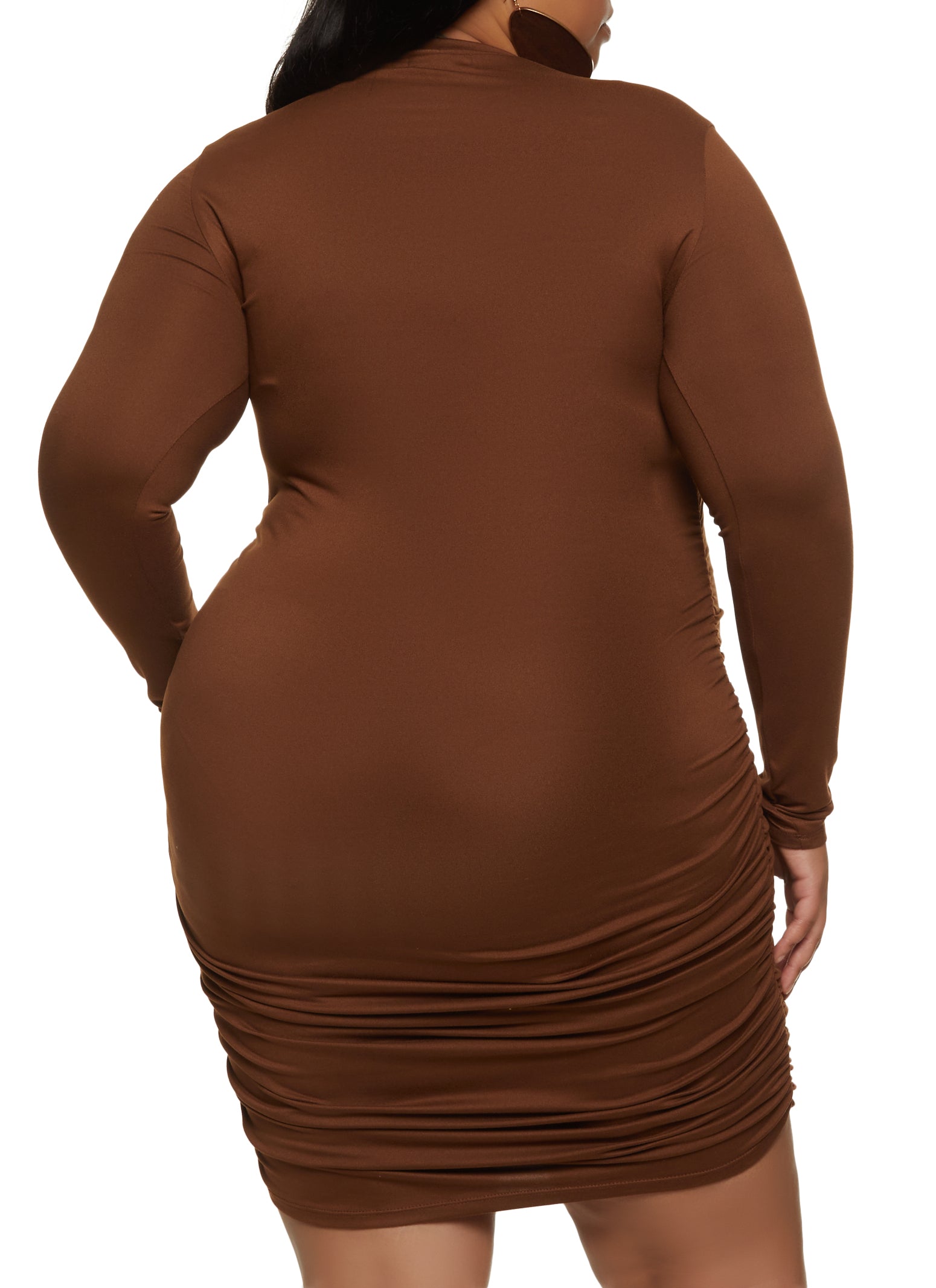 Plus Size Ruched Long Sleeve Midi Dress - Mocha