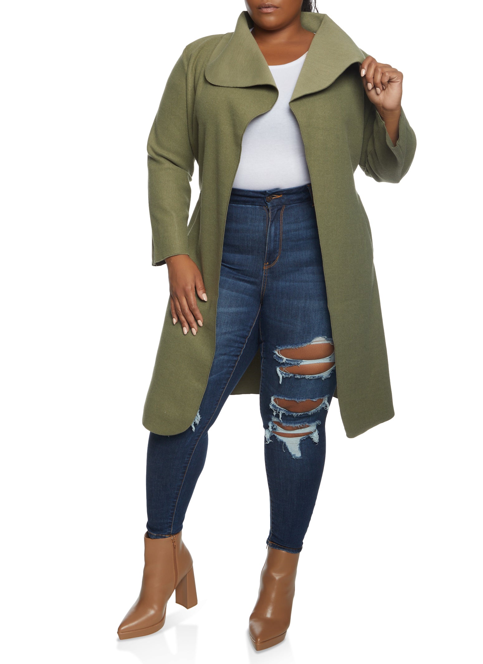 Plus Size Shawl Lapel Wrap Coat - Olive