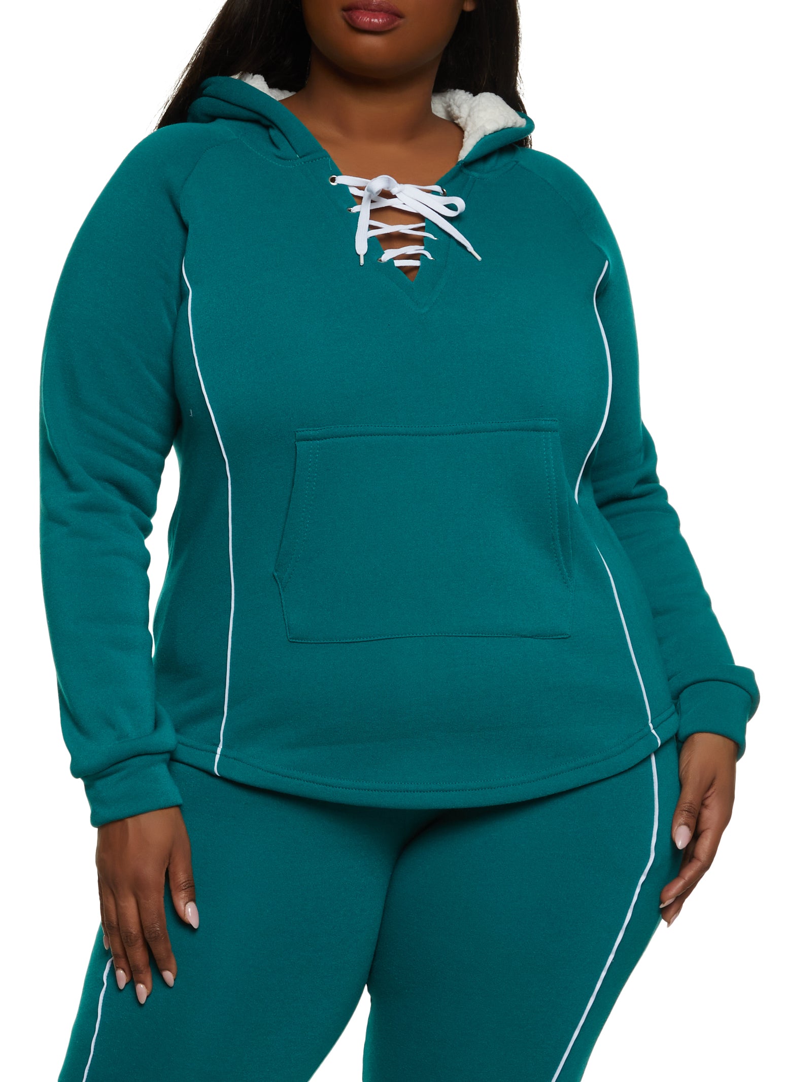 Plus Size Contrast Piping Hooded Lace Up Sweatshirt - Jade