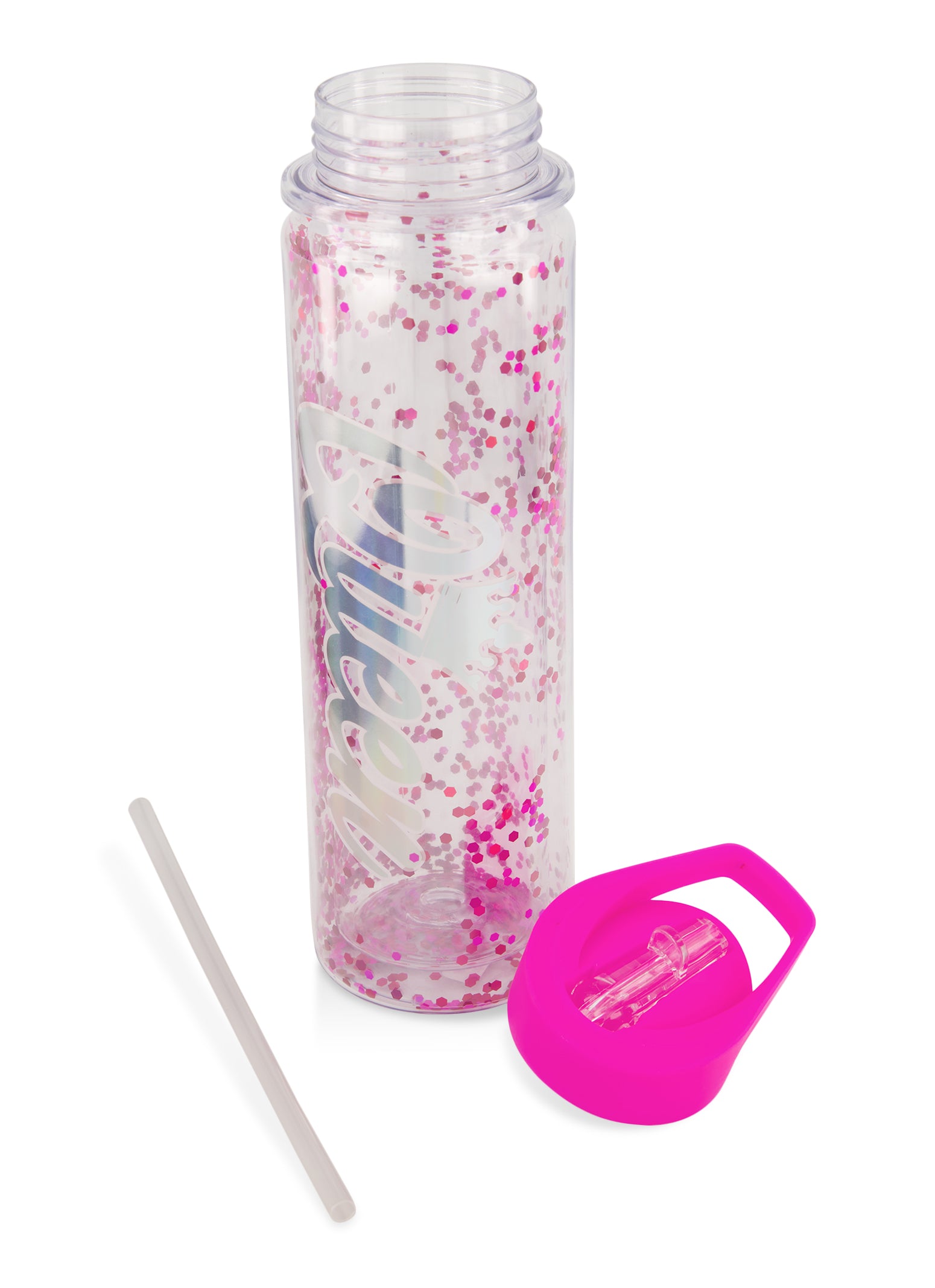 Pink Glitter Flip Straw 550ml Water Bottle, New Look