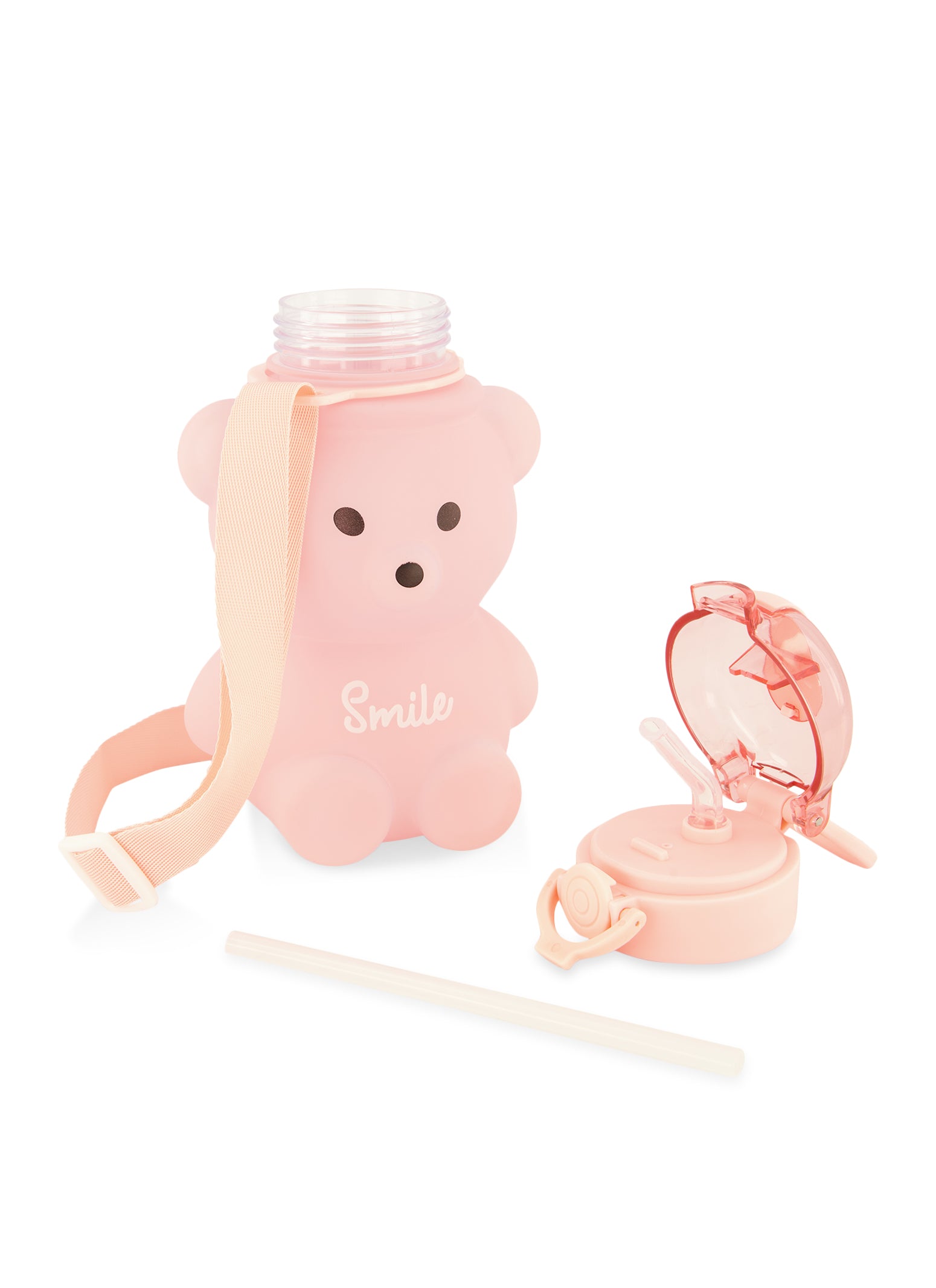 Smile Graphic Bear Flip Straw Water Bottle - Pink