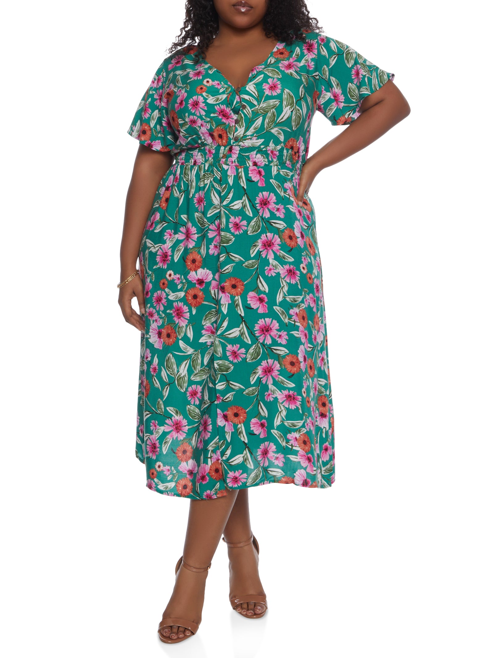 Plus Size Floral Print Flutter Sleeve Midi Dress 6904