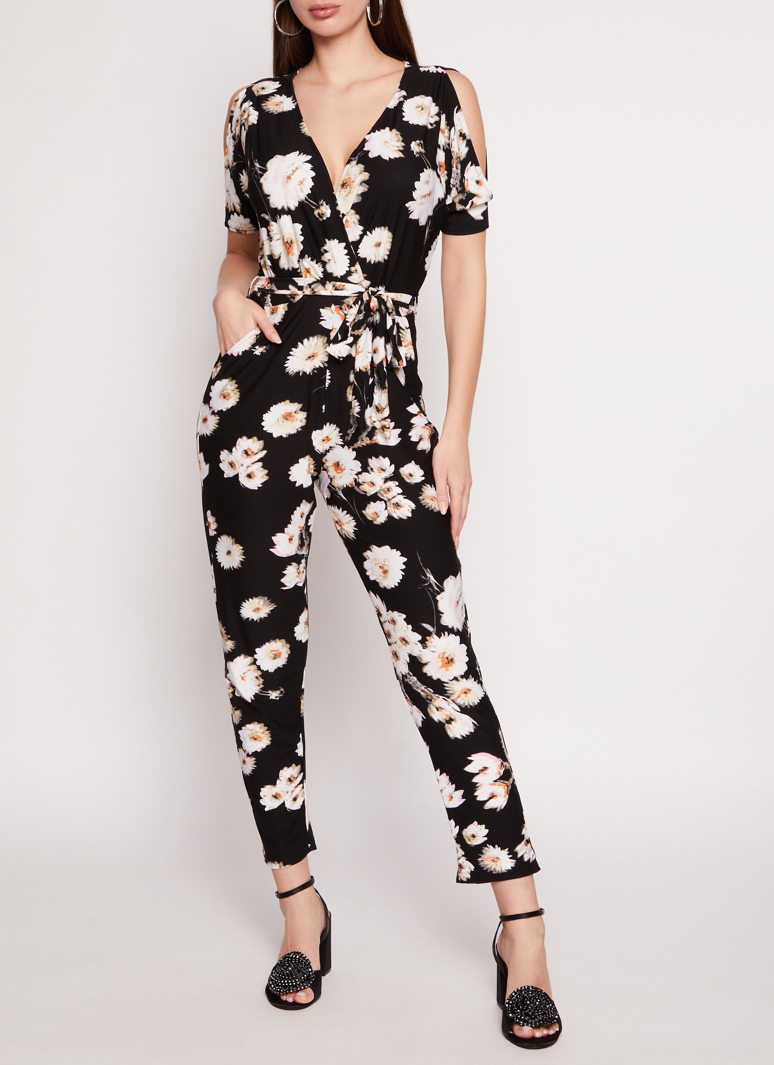 Patterned Cold Shoulder Jumpsuit