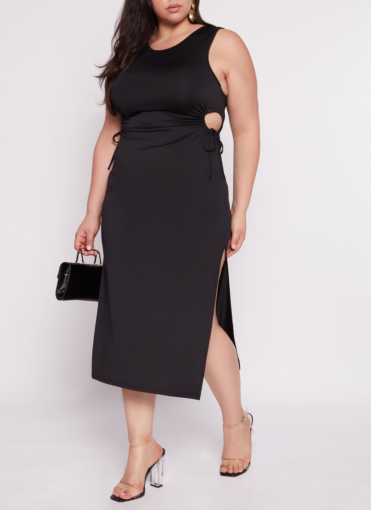 Plus Size Drawstring Cut Out Tank Dress - Black