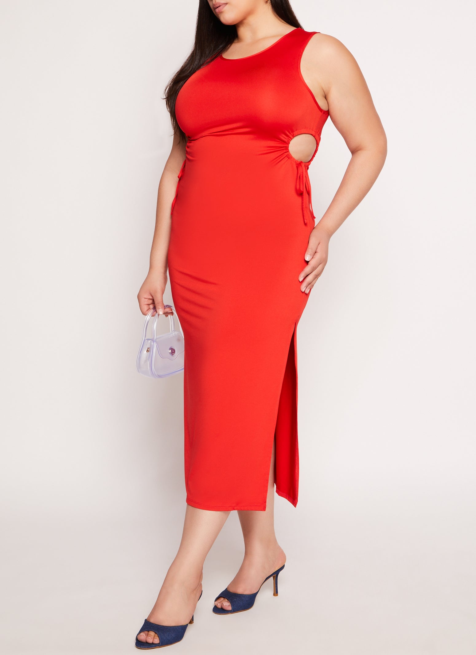 Plus Size Drawstring Cut Out Tank Dress - Red