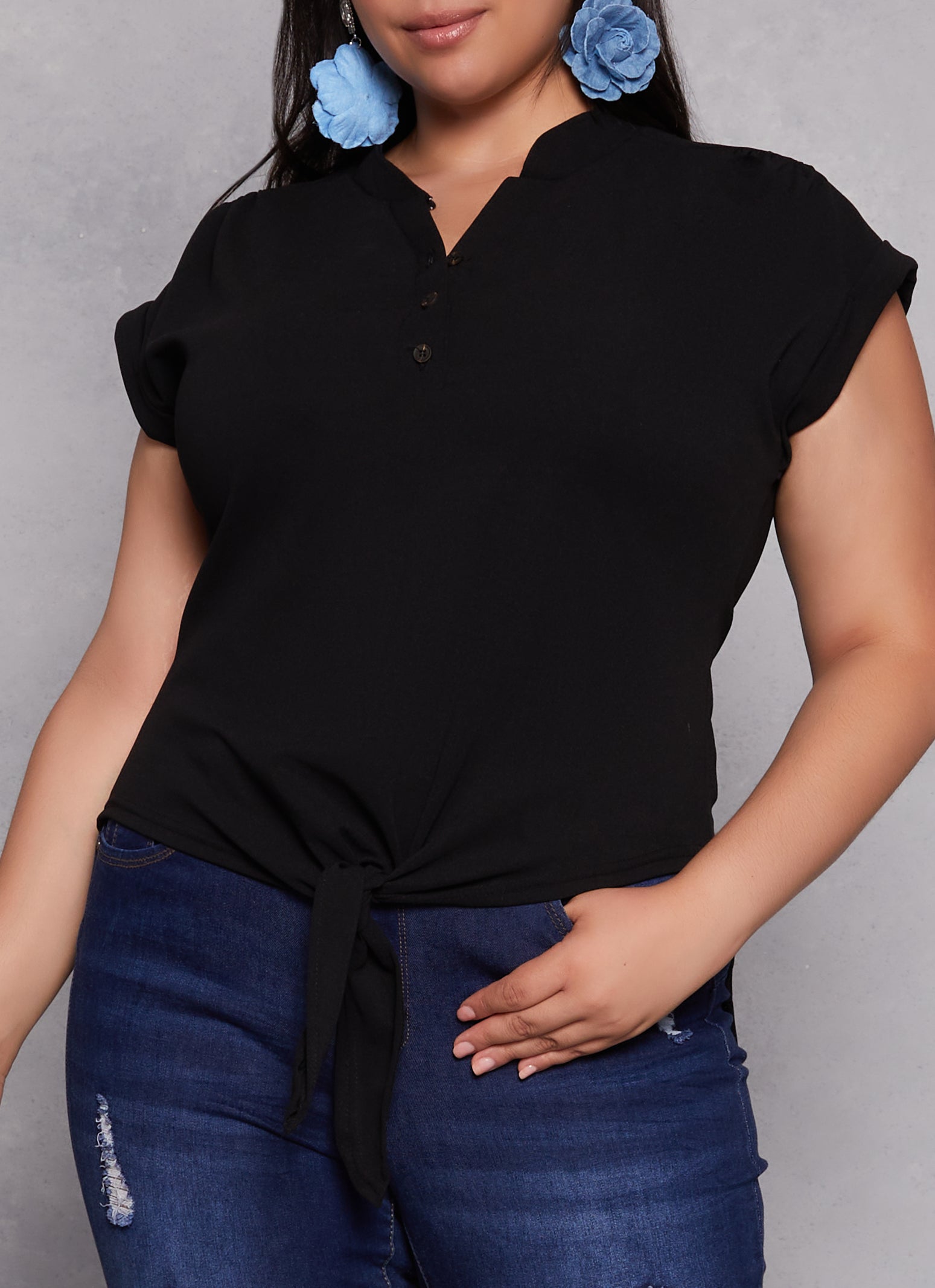 Plus Size Tie Front Half Button High Low Top 9744