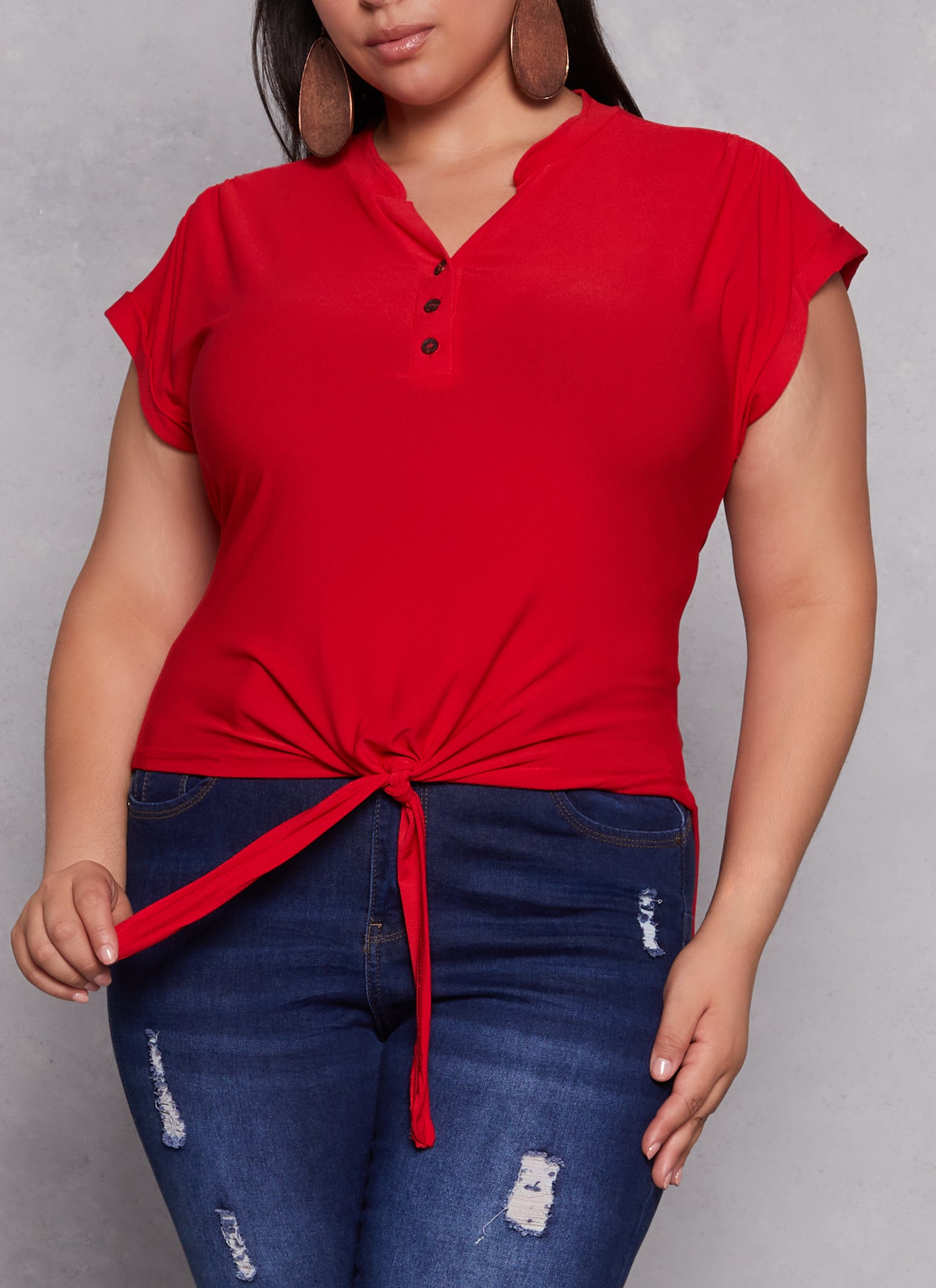 Plus Size Tie Front Half Button High Low Top 4815