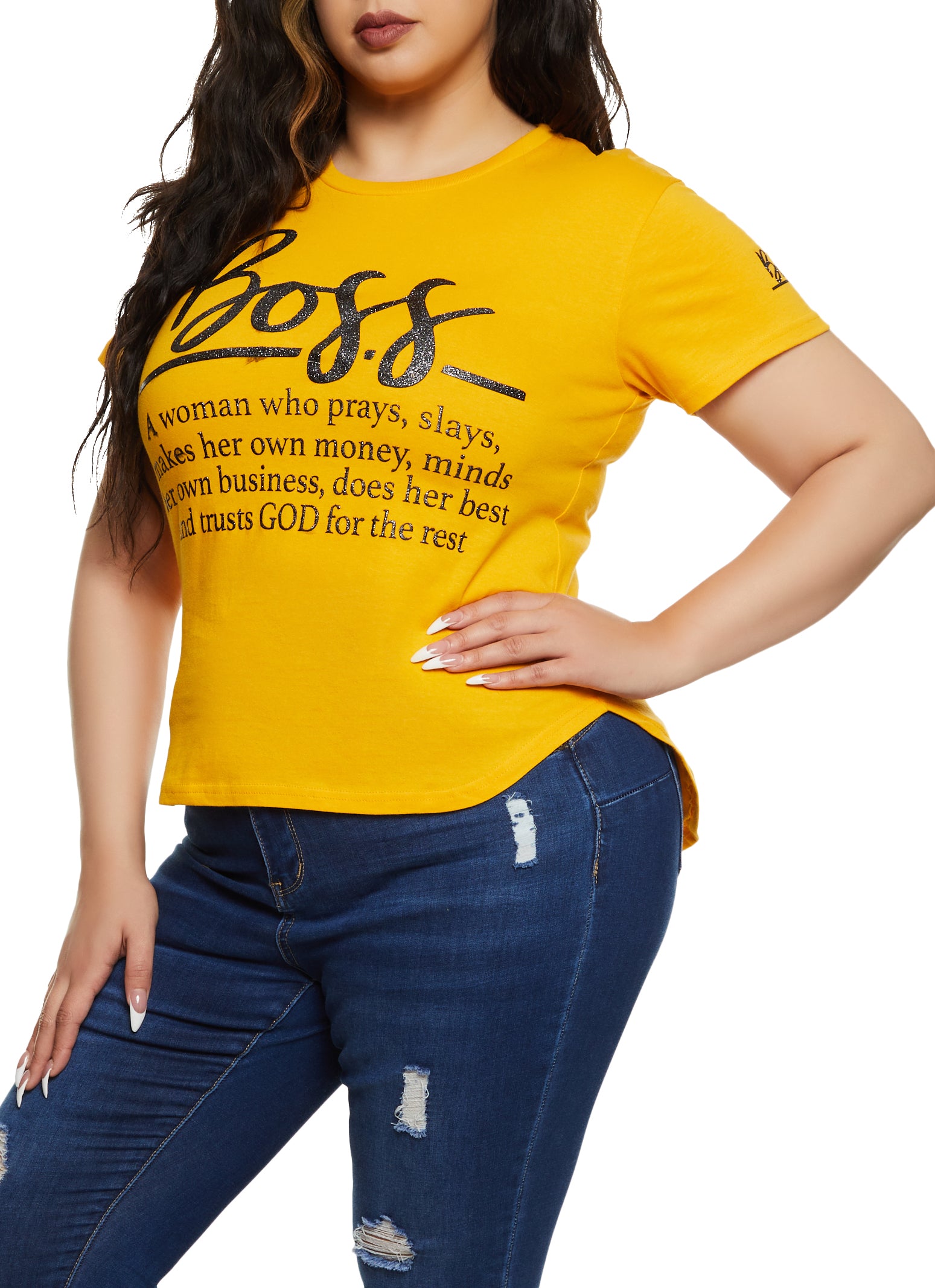 Plus Size Boss Glitter Graphic High Low Tee