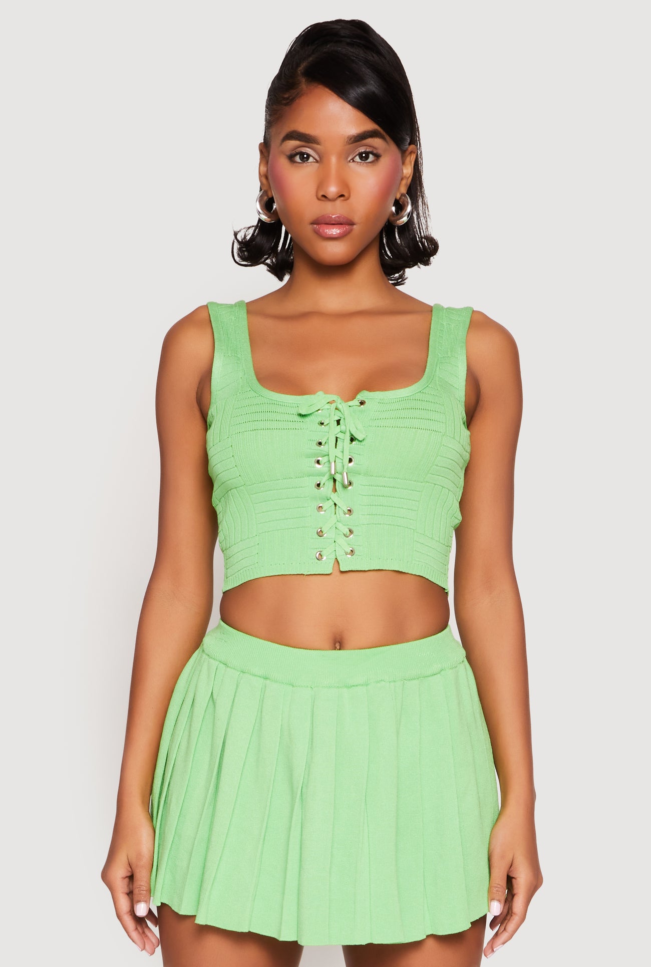 Textured Knit Pointelle Lace Up Crop Top