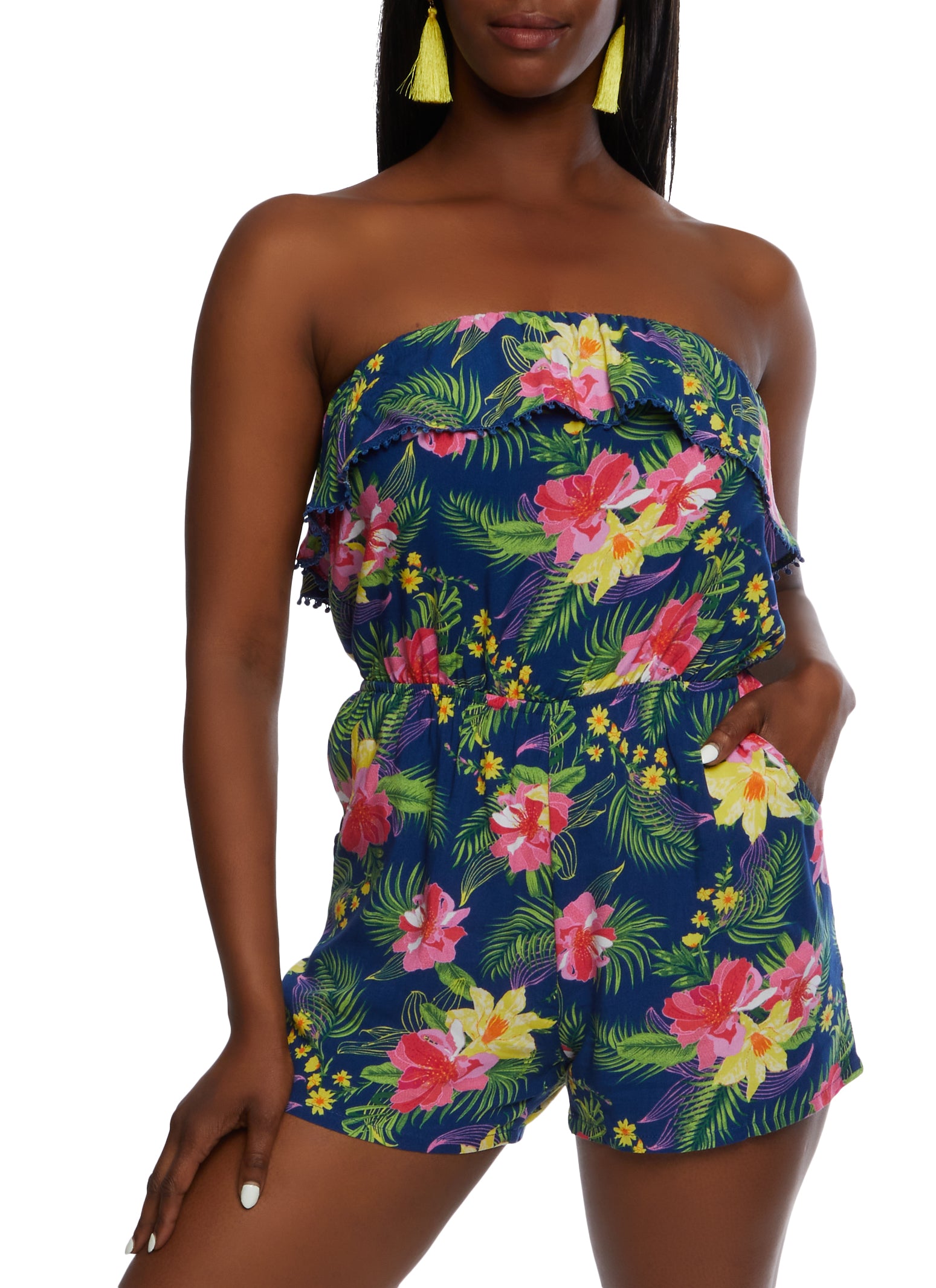 Tropical Print Strapless Romper