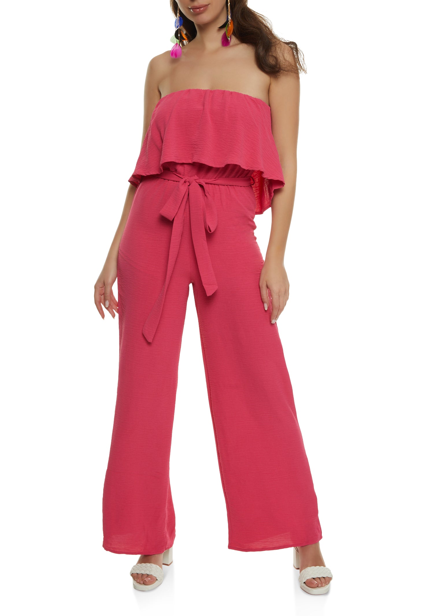 Ruffled Strapless Tie Waist Wide Leg Jumpsuit