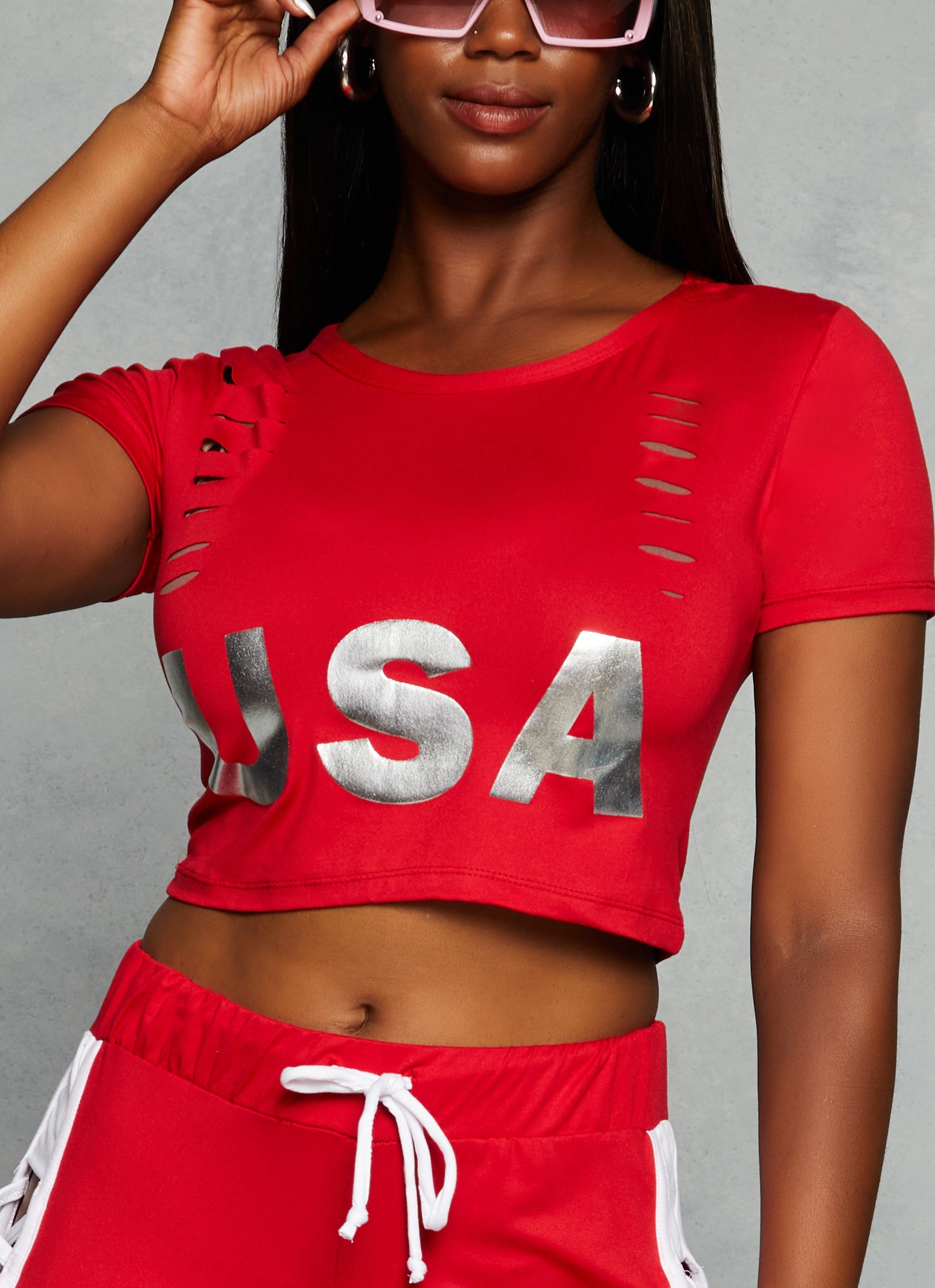 Slashed Foil USA Graphic Crop Top red