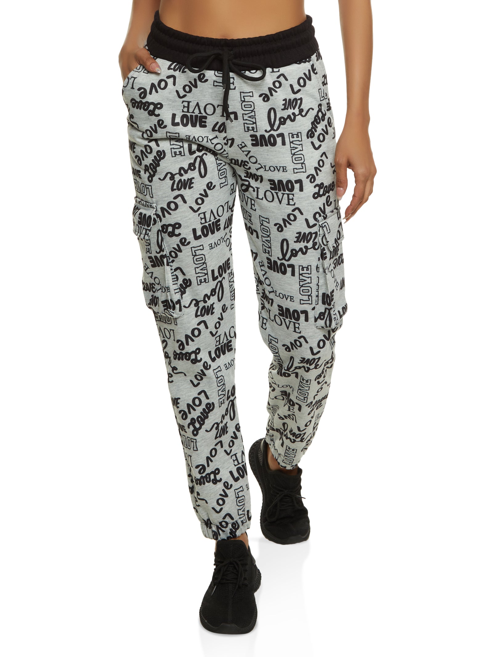 Love Print Cargo Pocket Graphic Joggers - Heather