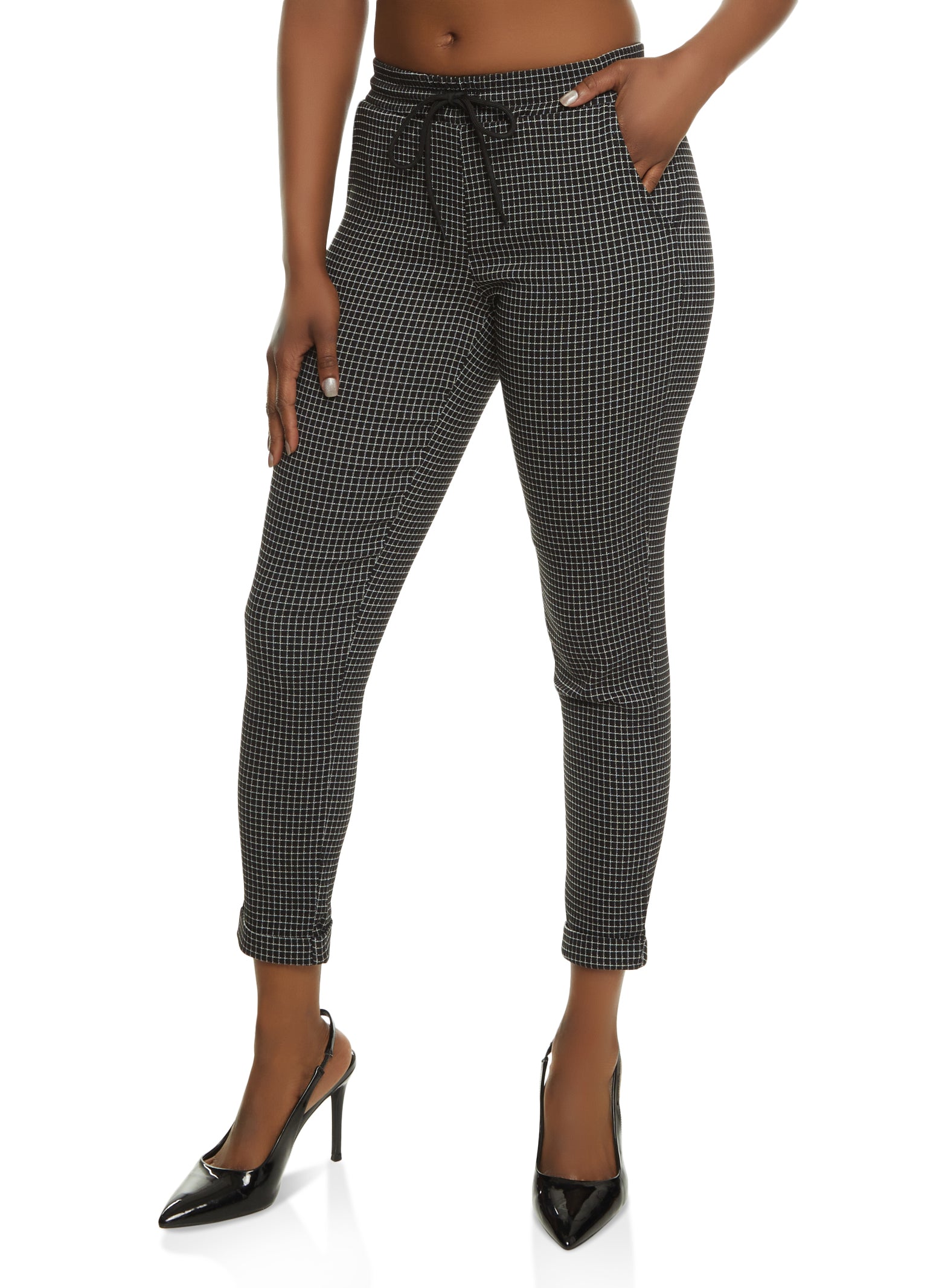 Windowpane Plaid Drawstring Dress Pants - Black/white