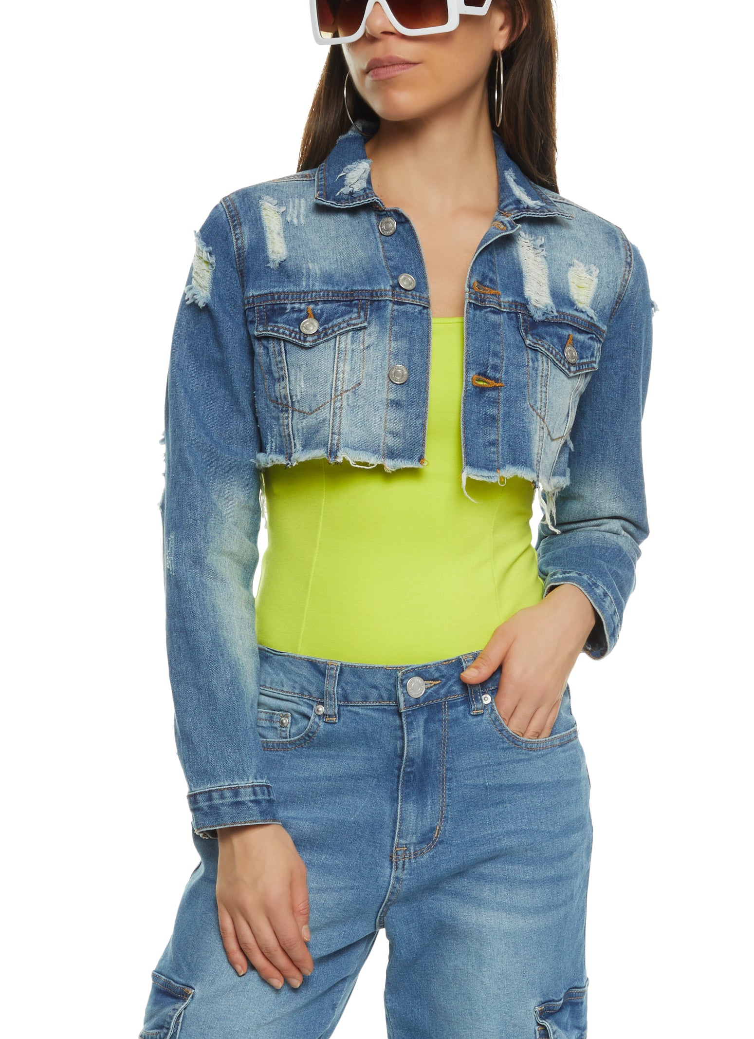 Buy Women's Distressed Cropped Denim Jean Jacket Long Sleeve with Pocket,  S009 Blue, Medium at Amazon.in