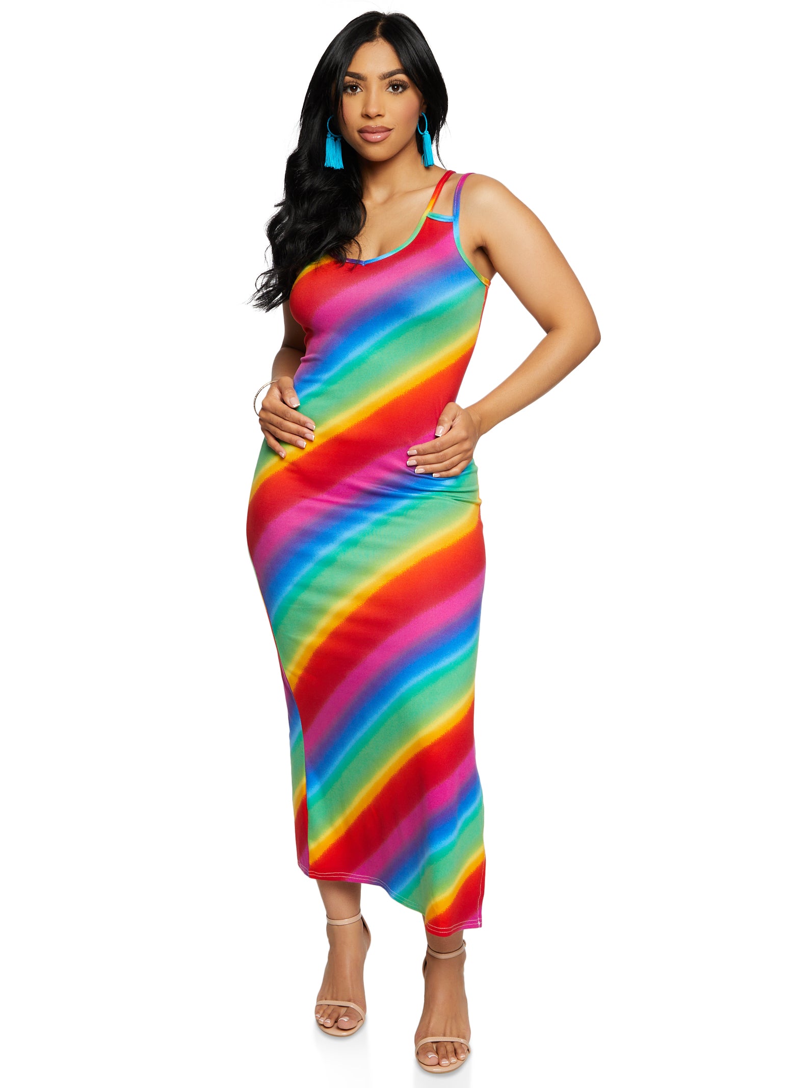 Rainbow Striped Double Strap Maxi Tank Dress