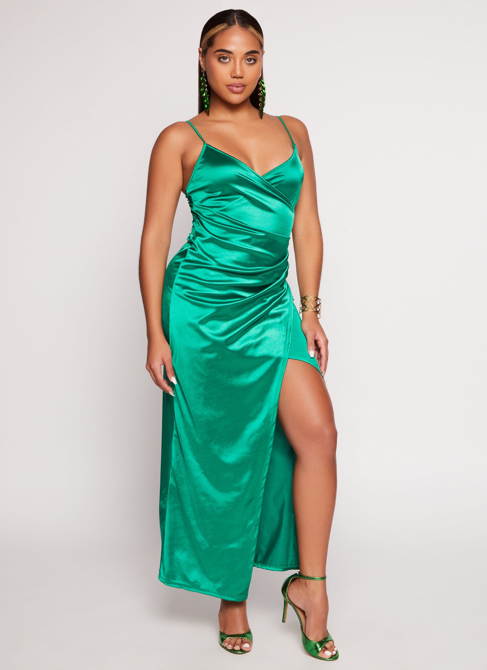 Satin faux wrap maxi dress online