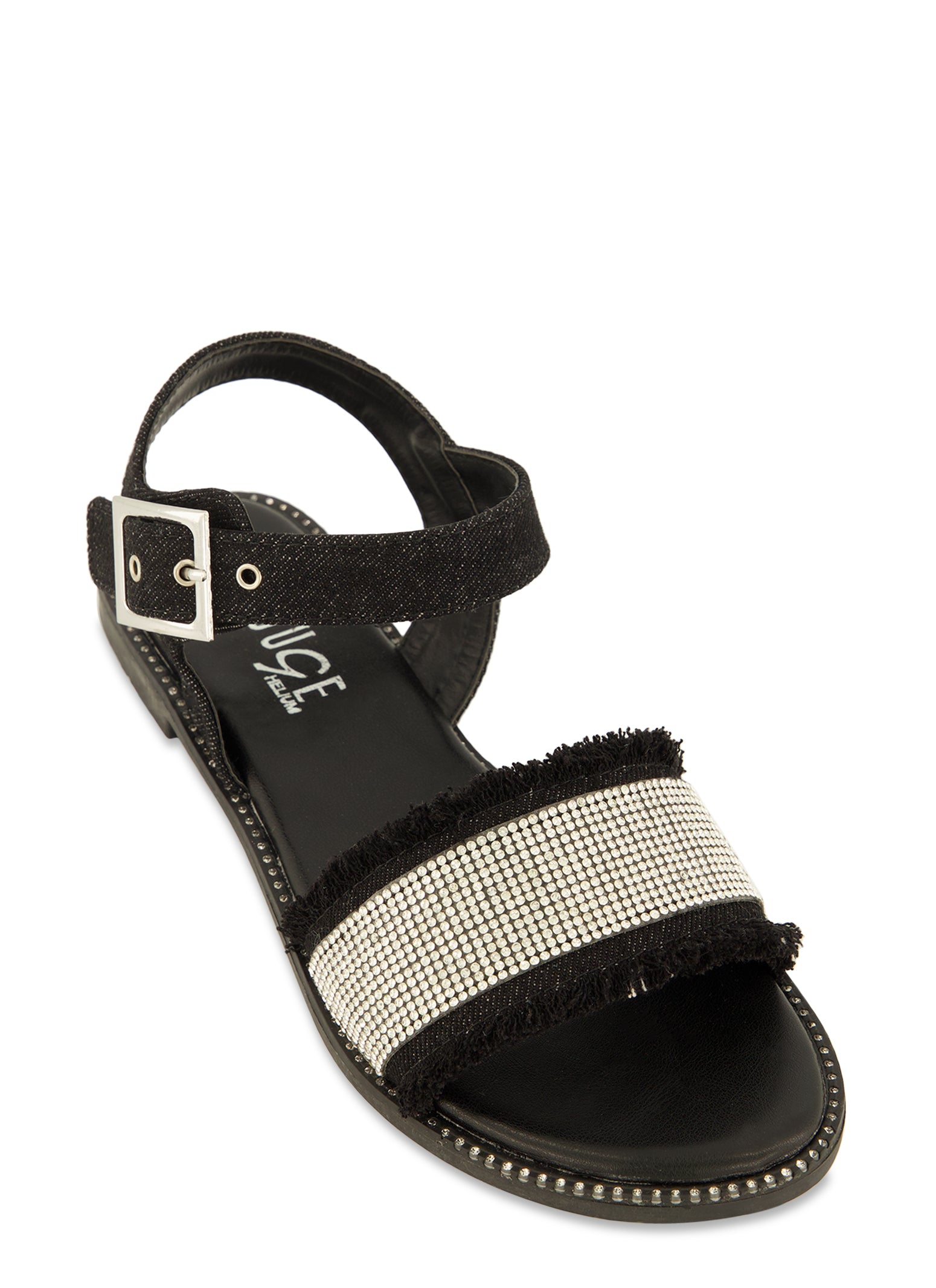 Frayed Denim Rhinestone Ankle Strap Sandals Black Ptn